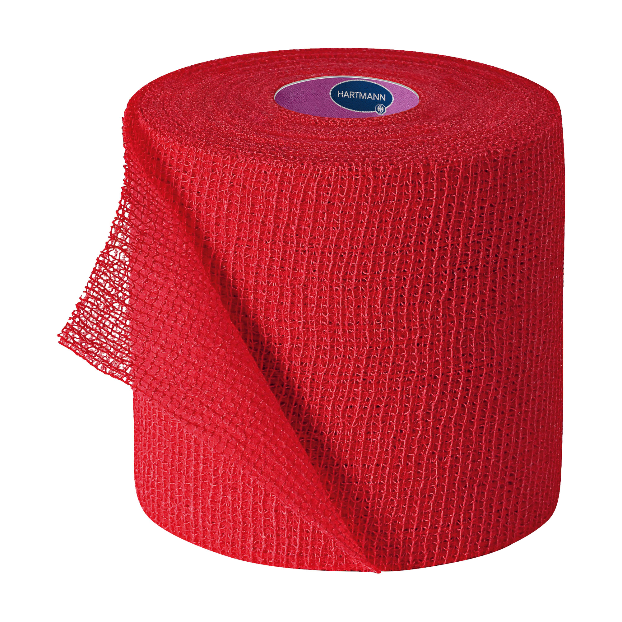 Einzeln verpackte kohäsive, elastische Fixierbinden. Mit dem zweifachen Hafteffekt. Farbe: rot.