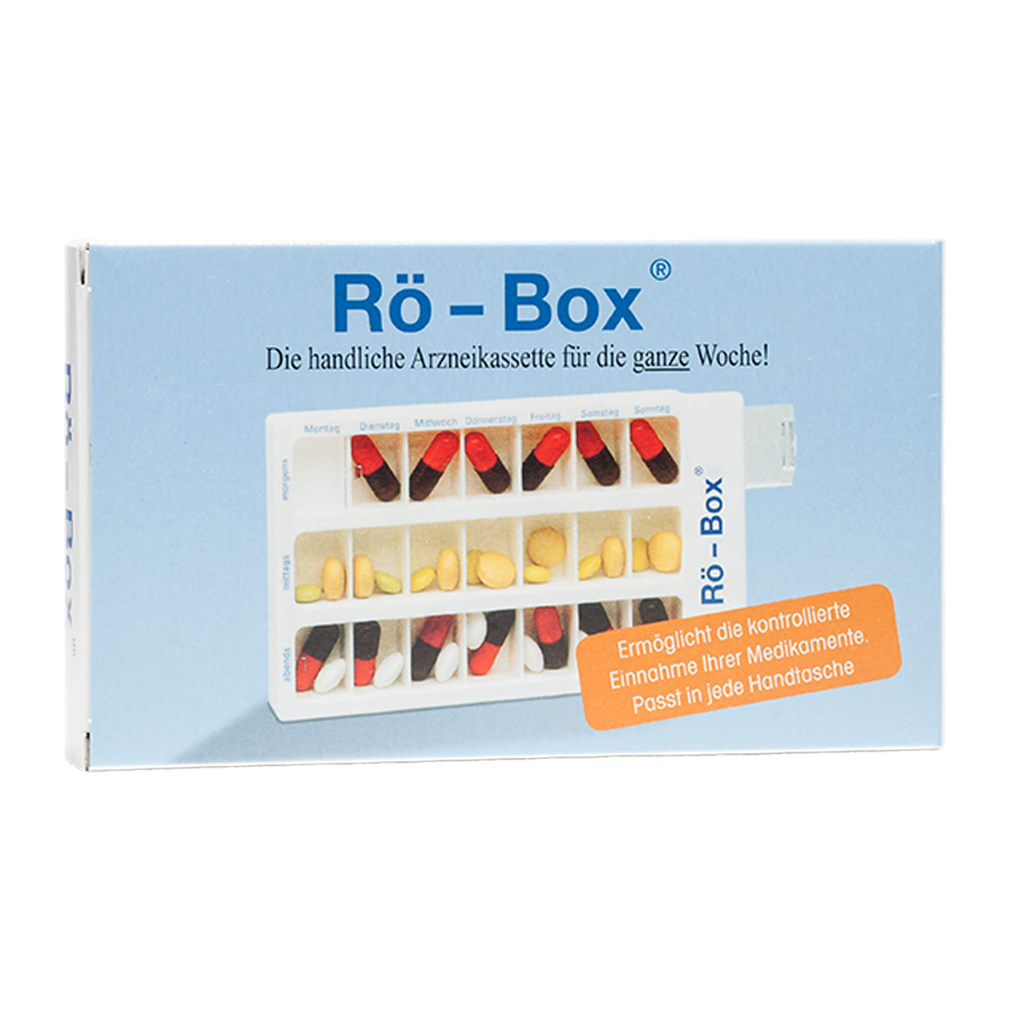 Tablettenbox für eine sichere und kontrollierte Medikamenten-Einnahme.