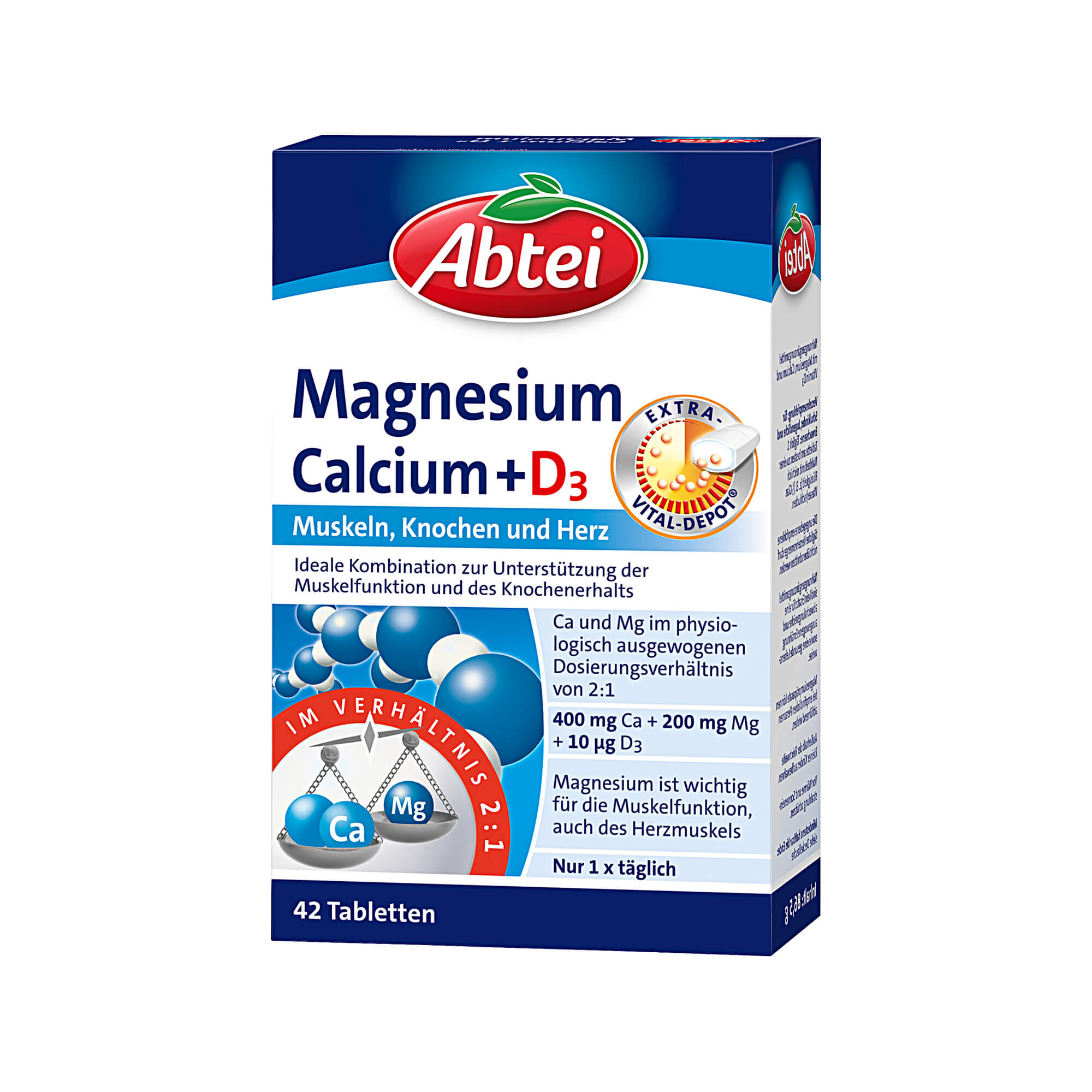 Nahrungsergänzungsmittel mit Magnesium, Calcium und Vitamin D3.