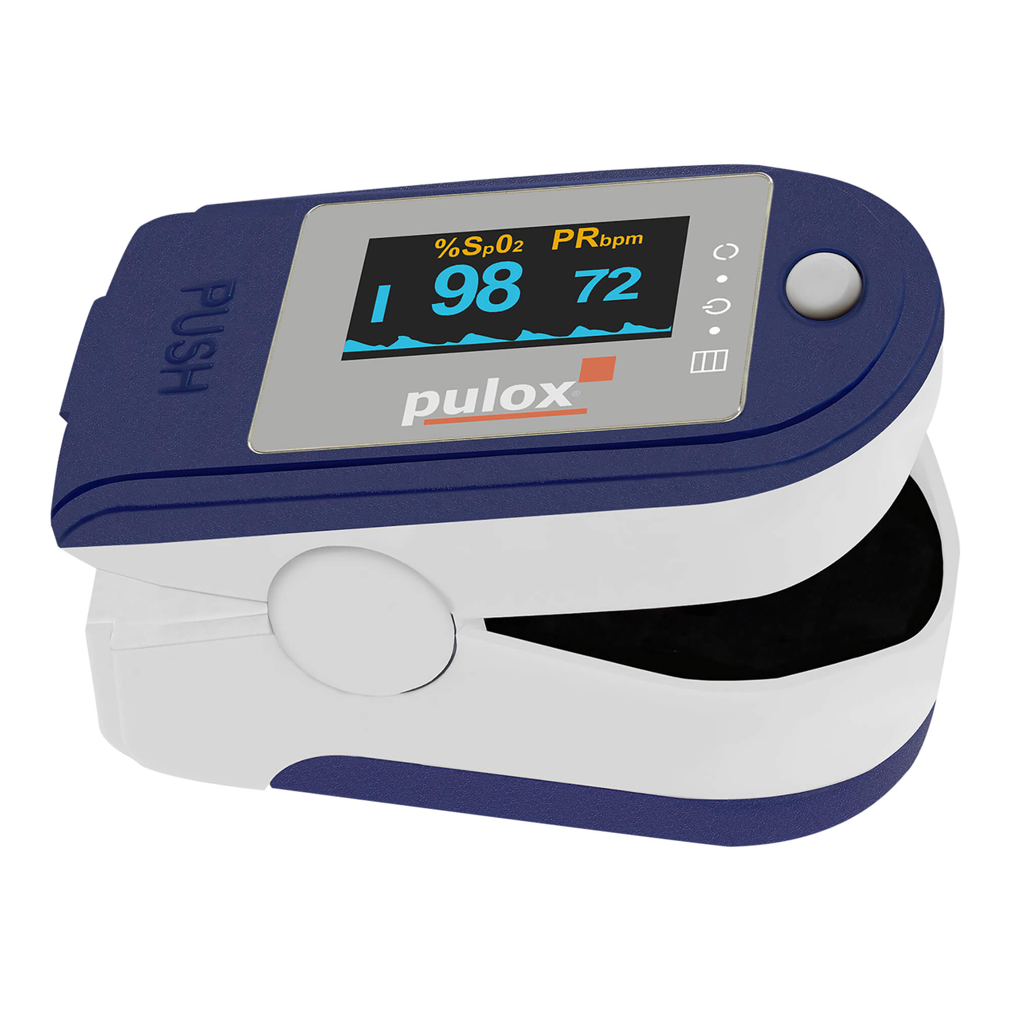 Finger-Pulsoximeter. Mit OLED-Display, Alarm, Pulston, Software und Zubehör. Farbe: blau.