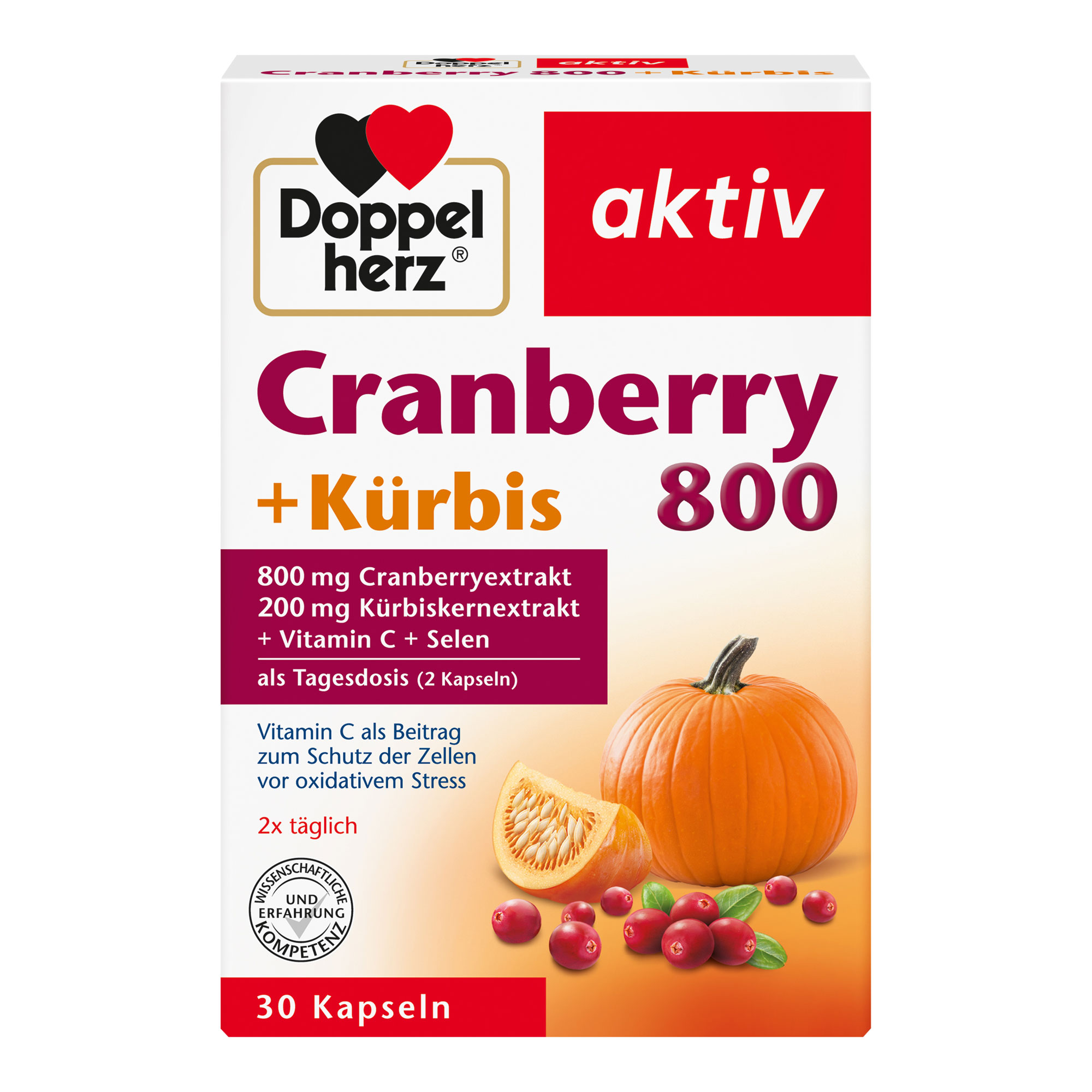 Nahrungsergänzungsmittel mit Cranberryextrakt, Kürbiskernextrakt, Vitamin C und Selen.