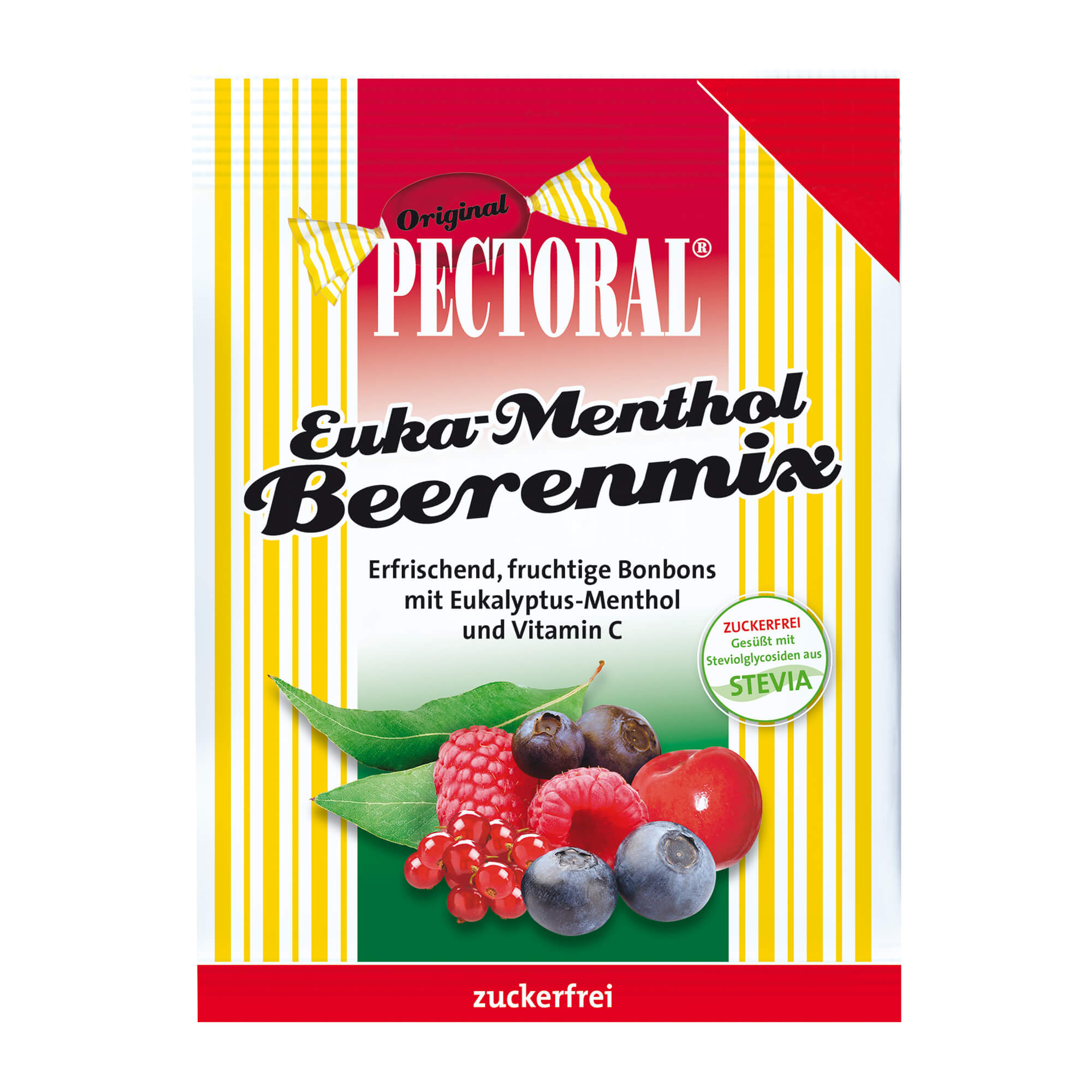 Lebensmittel. Pectoral Euka-Menthol Beerenmix Bonbons mit Süßungsmitteln.