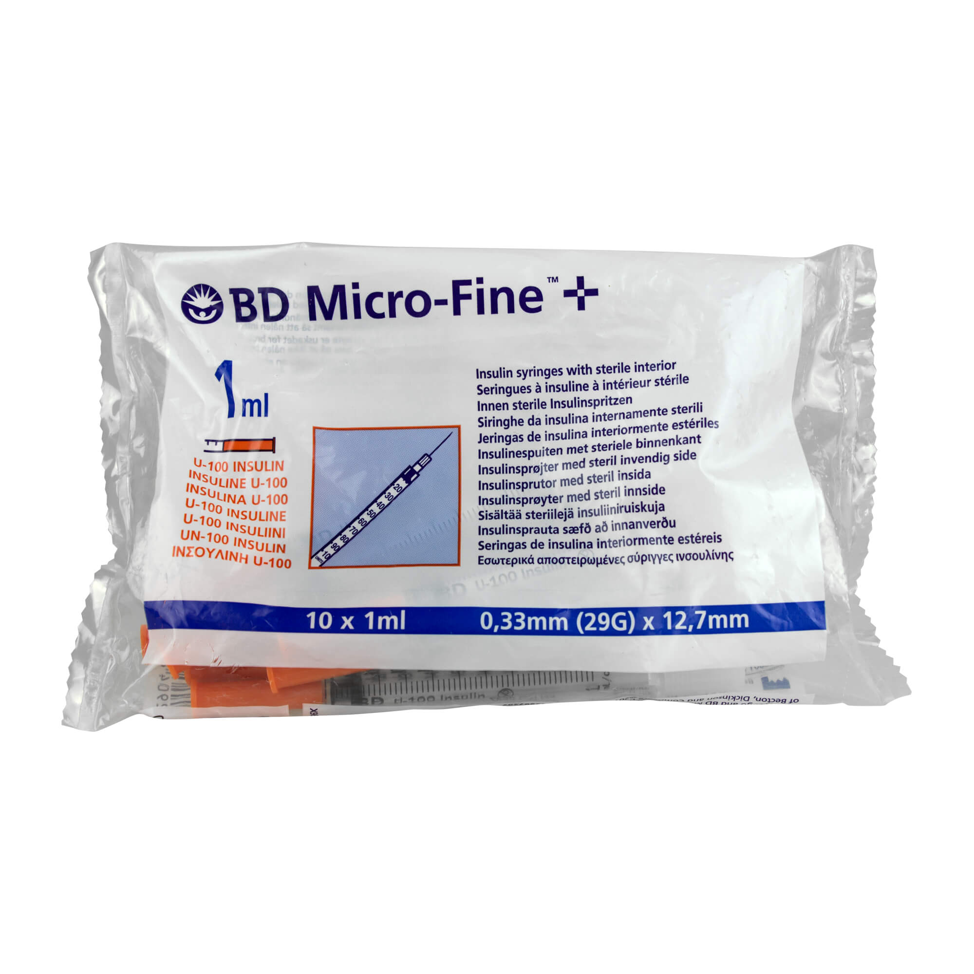 BD Micro-Fine+ Insulinspritzen 1,0 ml für U100-Insuline, Nadellänge: 12,7 mm, Nadelstärke: 0,33 mm.