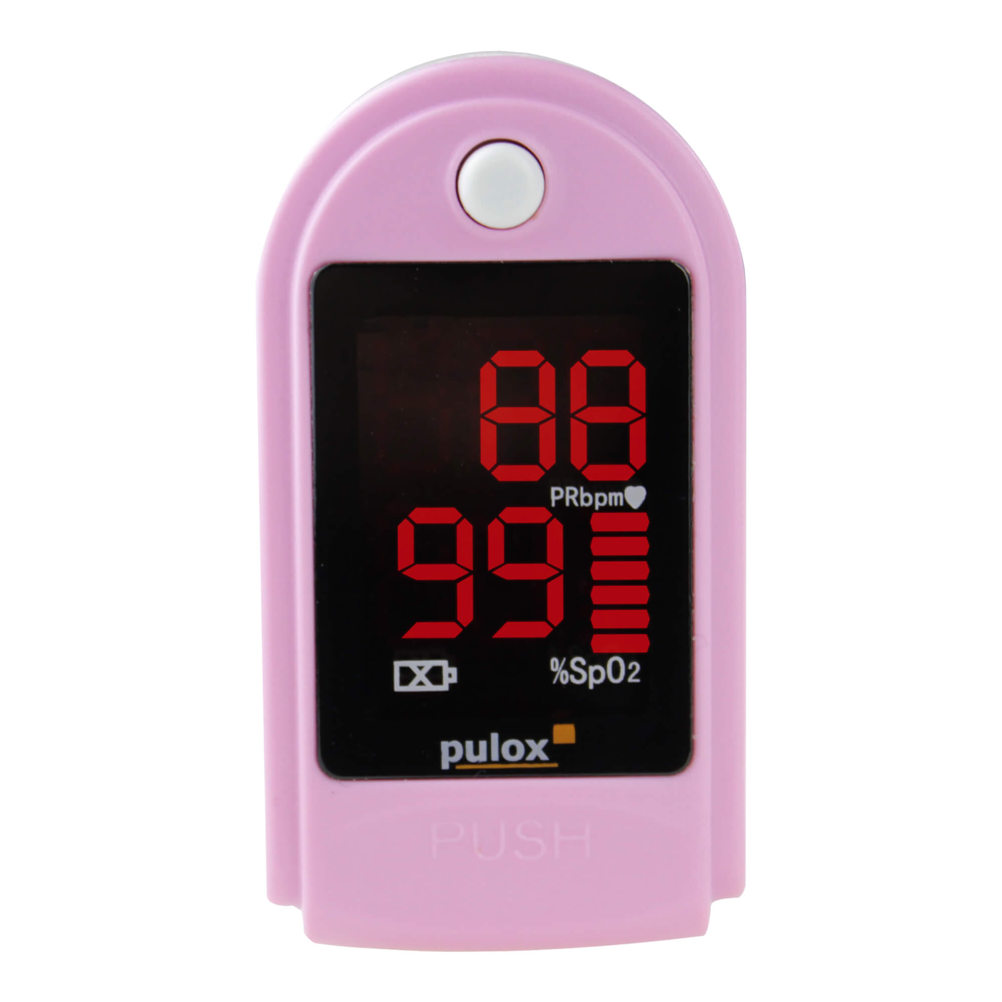 Finger-Pulsoximeter. Mit LED-Display, Batterien und Zubehör. Farbe: rosa.