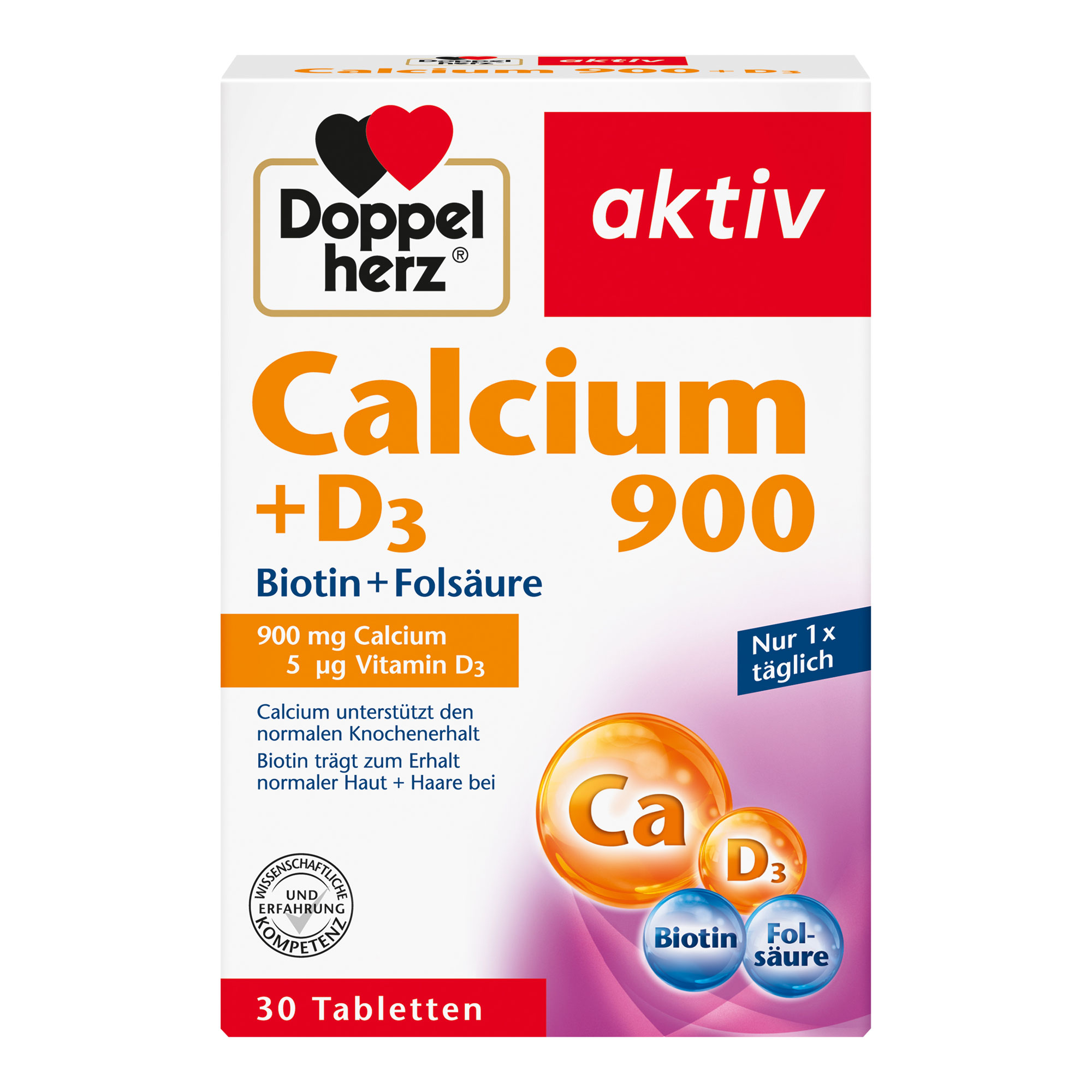 Nahrungsergänzungsmittel mit Calcium, Vitamin D, Folsäure und Biotin.