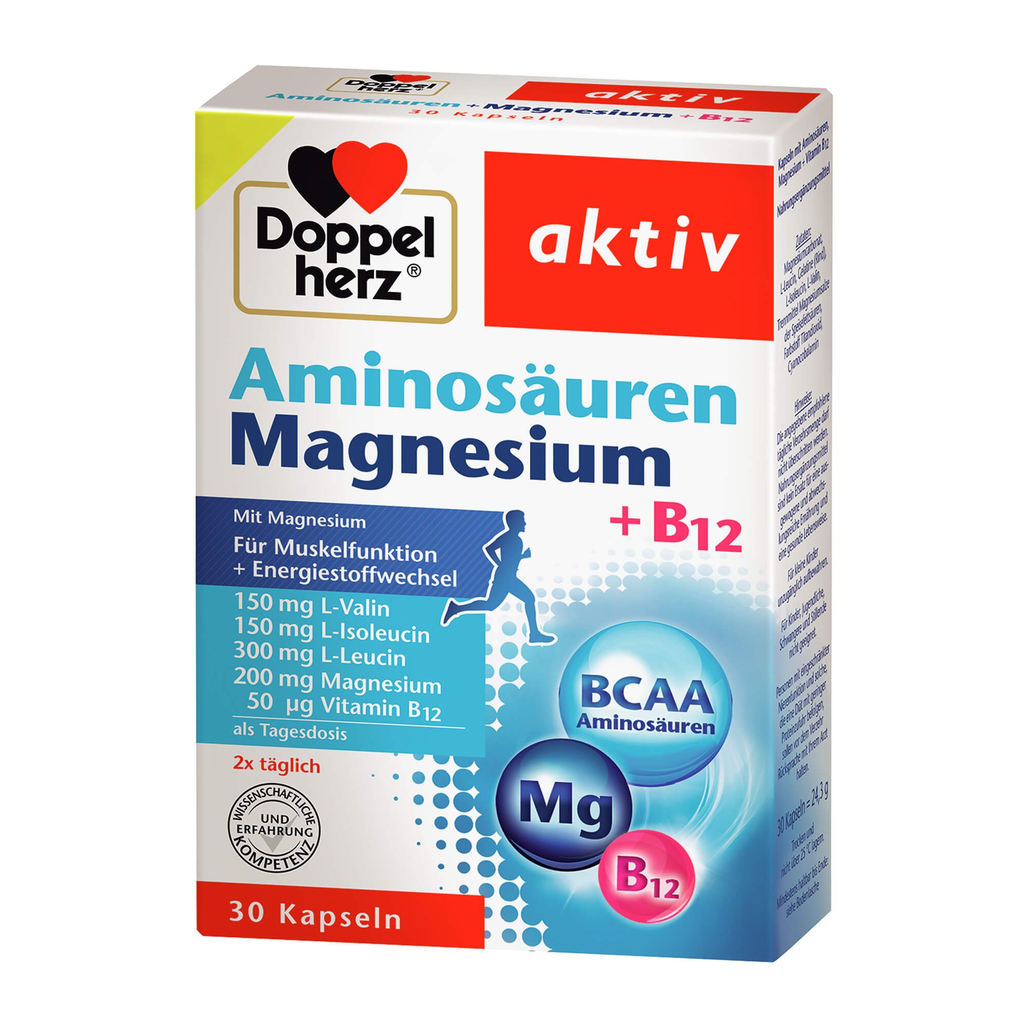 Nahrungsergänzungsmittel mit Aminosäuren, Magnesium + Vitamin B12.