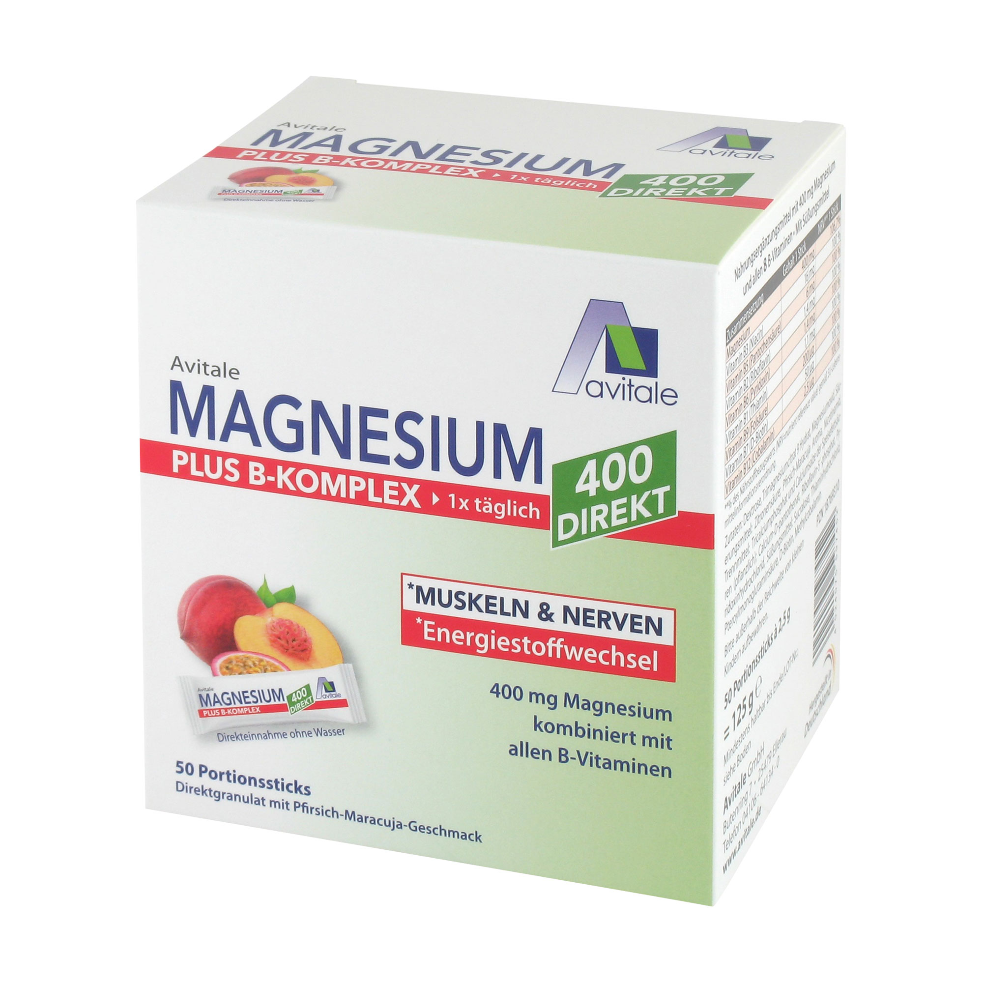 Nahrungsergänzungsmittel mit 400 mg Magnesium und allen 8 B-Vitaminen für Muskeln & Nerven* sowie den Energiestoffwechsel*. Mit Pfirsich-Maracuja-Geschmack.
