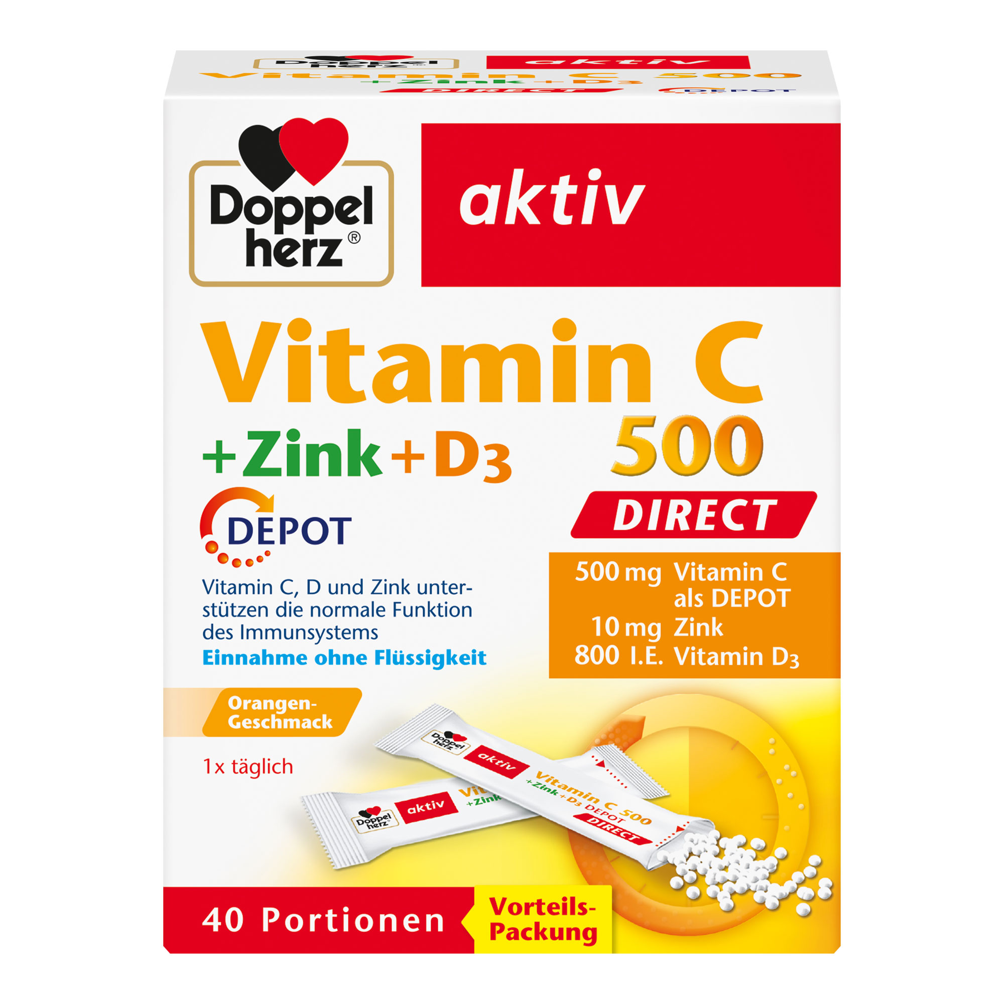 Nahrungsergänzungsmittel mit Vitamin C und D, Zink und Orangen-Geschmack.