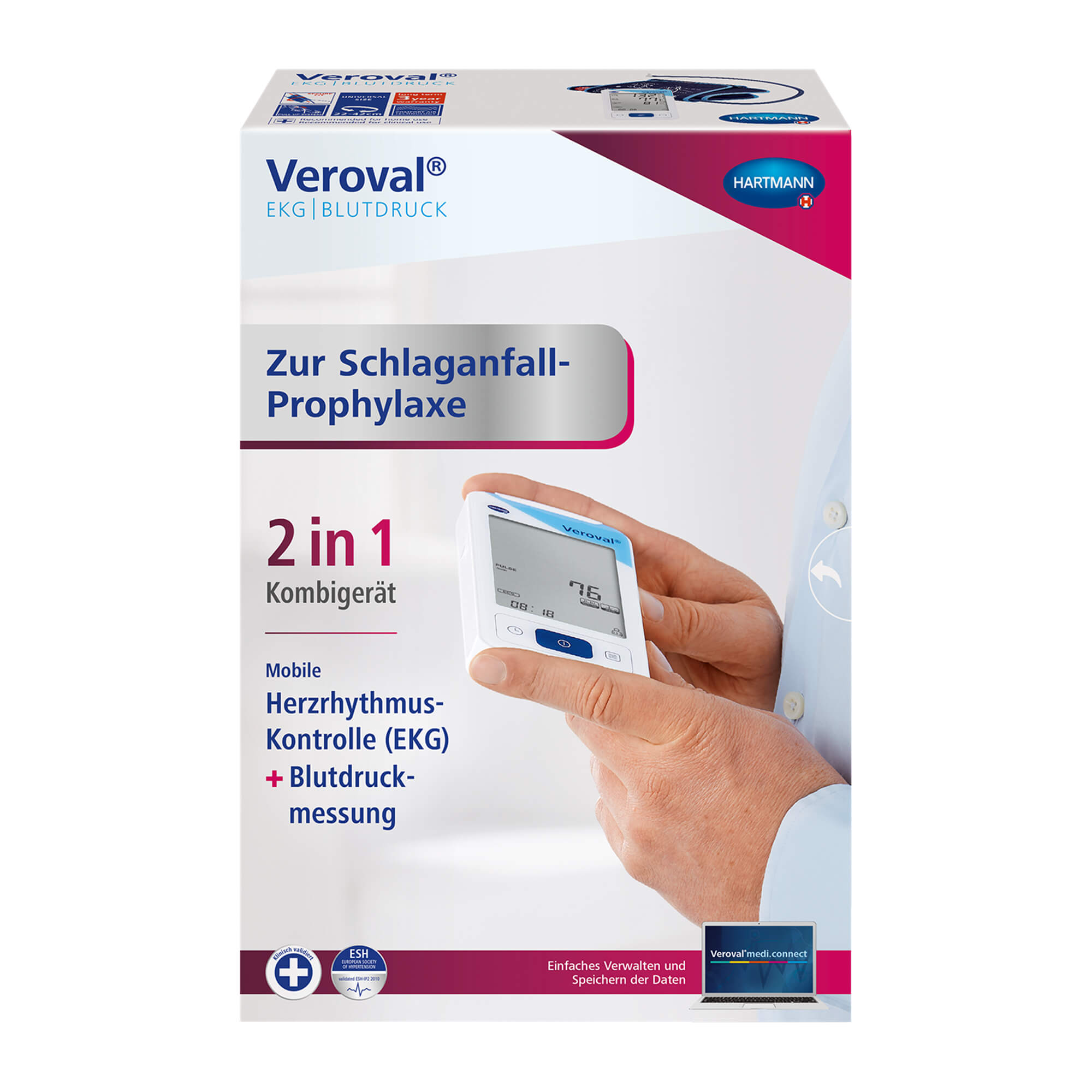 Zur Schlaganfall-Prophylaxe: Das Veroval® 2 in1 Kombigerät zur mobilen Herzrhythmus-Kontrolle (EKG) und Blutdruckmessung.