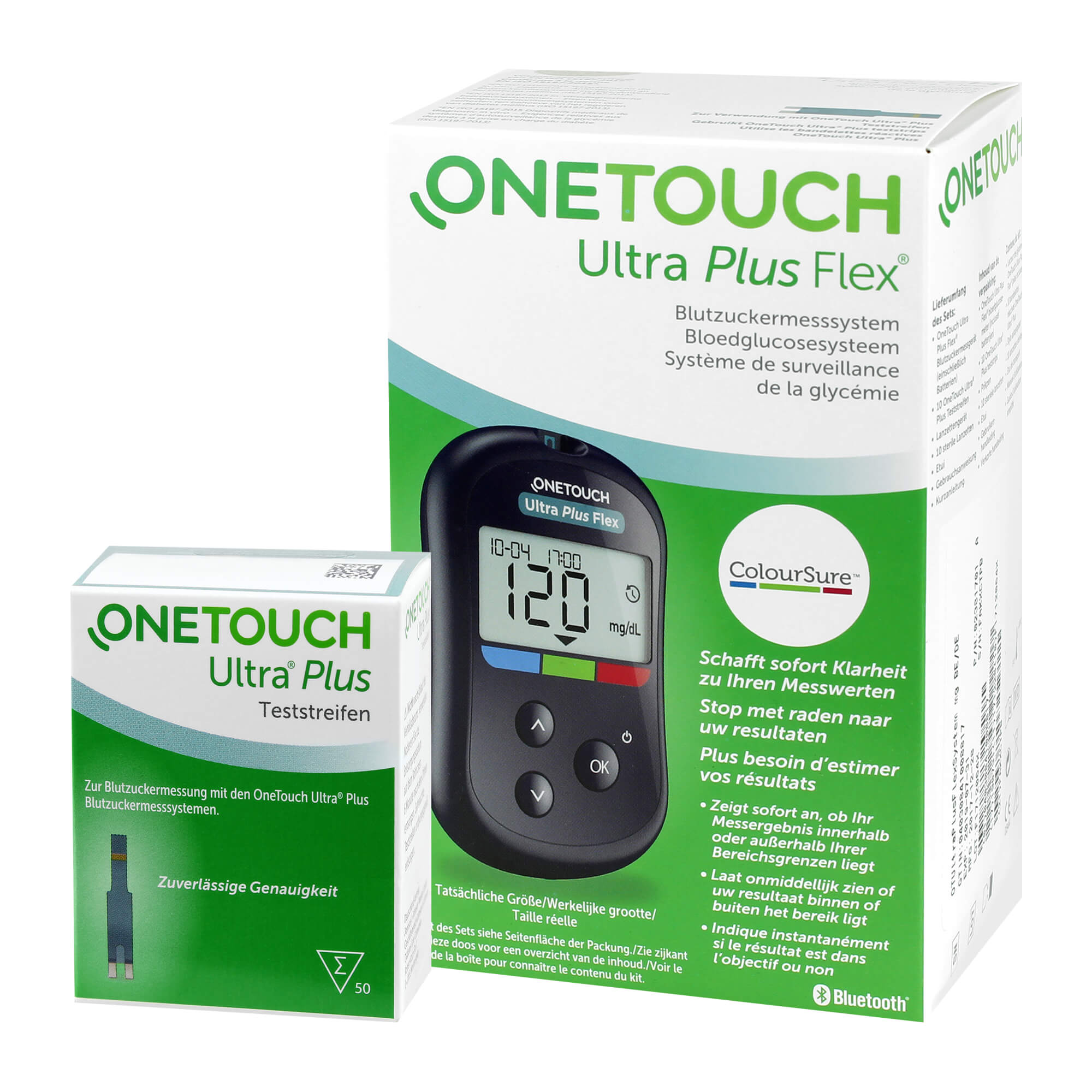 Das Vorteilsset besteht aus: One Touch Ultra Plus Flex Blutzuckermessgerät mg/dl + OneTouch Ultra Plus Blutzuckerteststreifen