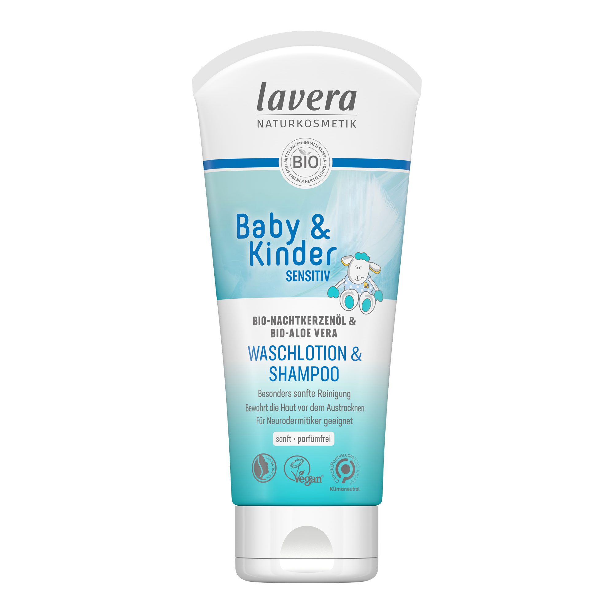 Sanfte Reinigung sensibler Baby- und Kinderhaut. Bewahrt die Haut vor dem Austrocknen. Parfümfrei.
