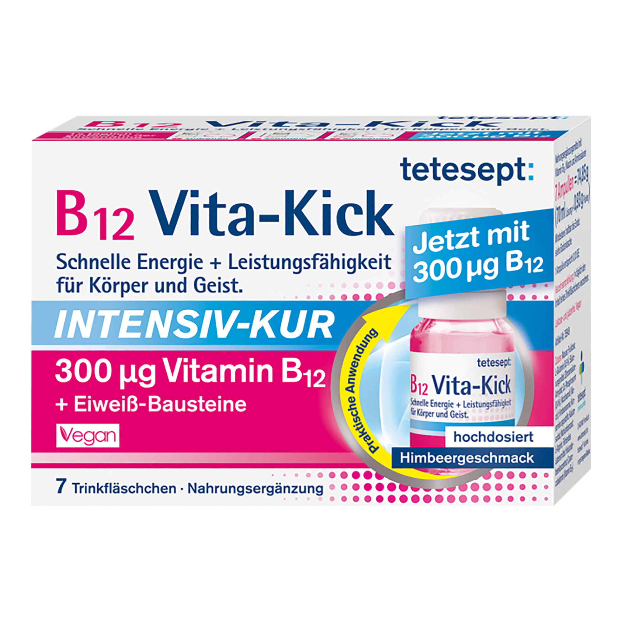 Nahrungsergänzungsmittel mit Vitamin B12. Mit Himbeergeschmack. Für mehr Leistungsfähigkeit.
