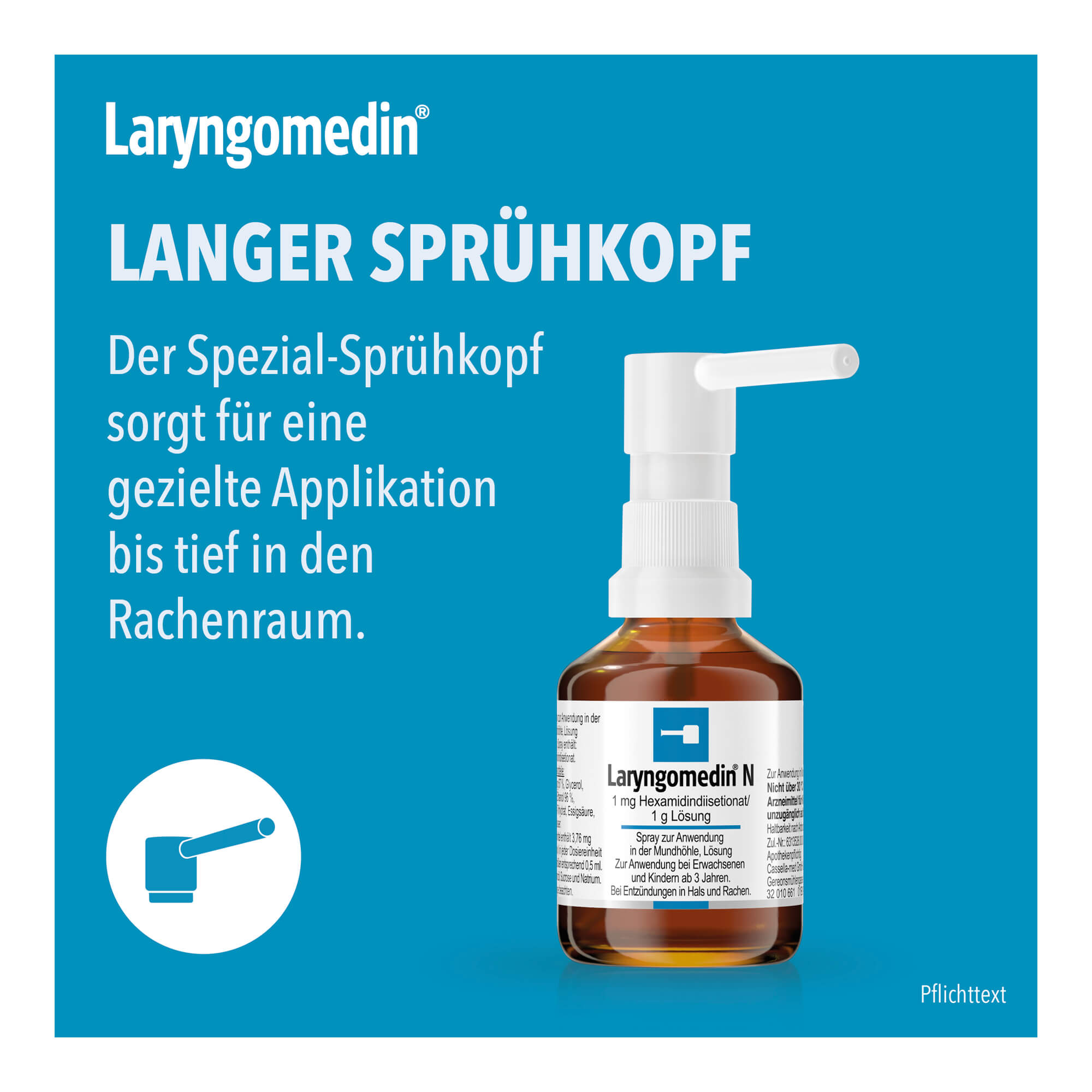 Grafik Laryngomedin N Spray Der Spezial-Sprühkopf sorgt für eine gezielte Applikation bis tief in den Rachenraum.