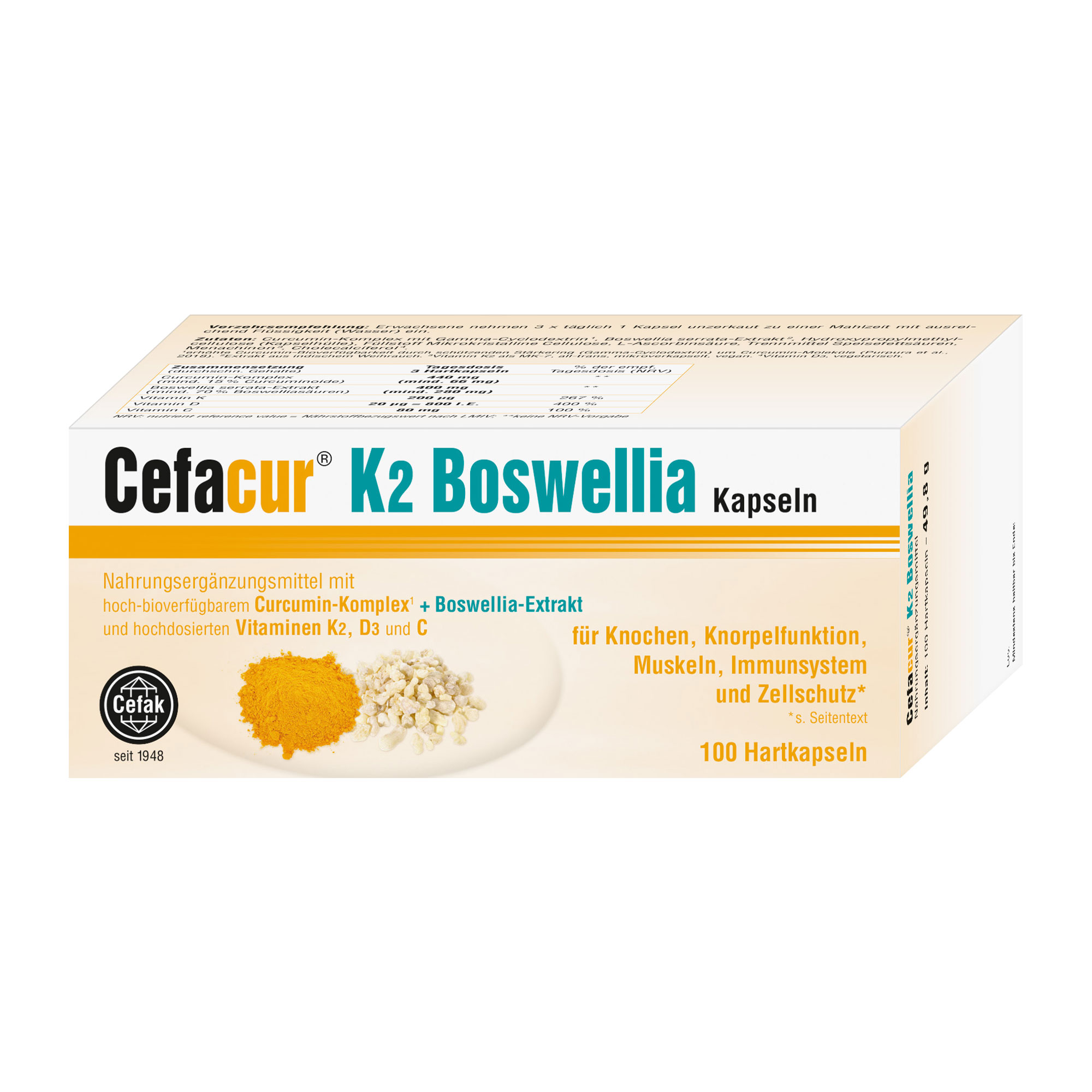 Nahrungsergänzungsmittel mit hoch-bioverfügbarem Curcumin-Komplex, Boswellia-Extrakt und hochdosierten Vitaminen K2, D3 und C.