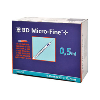 BD Micro-Fine+ Insulinspritzen 0,5 ml für U100-Insuline, Nadellänge: 12,7 mm, Nadelstärke: 0,33 mm.