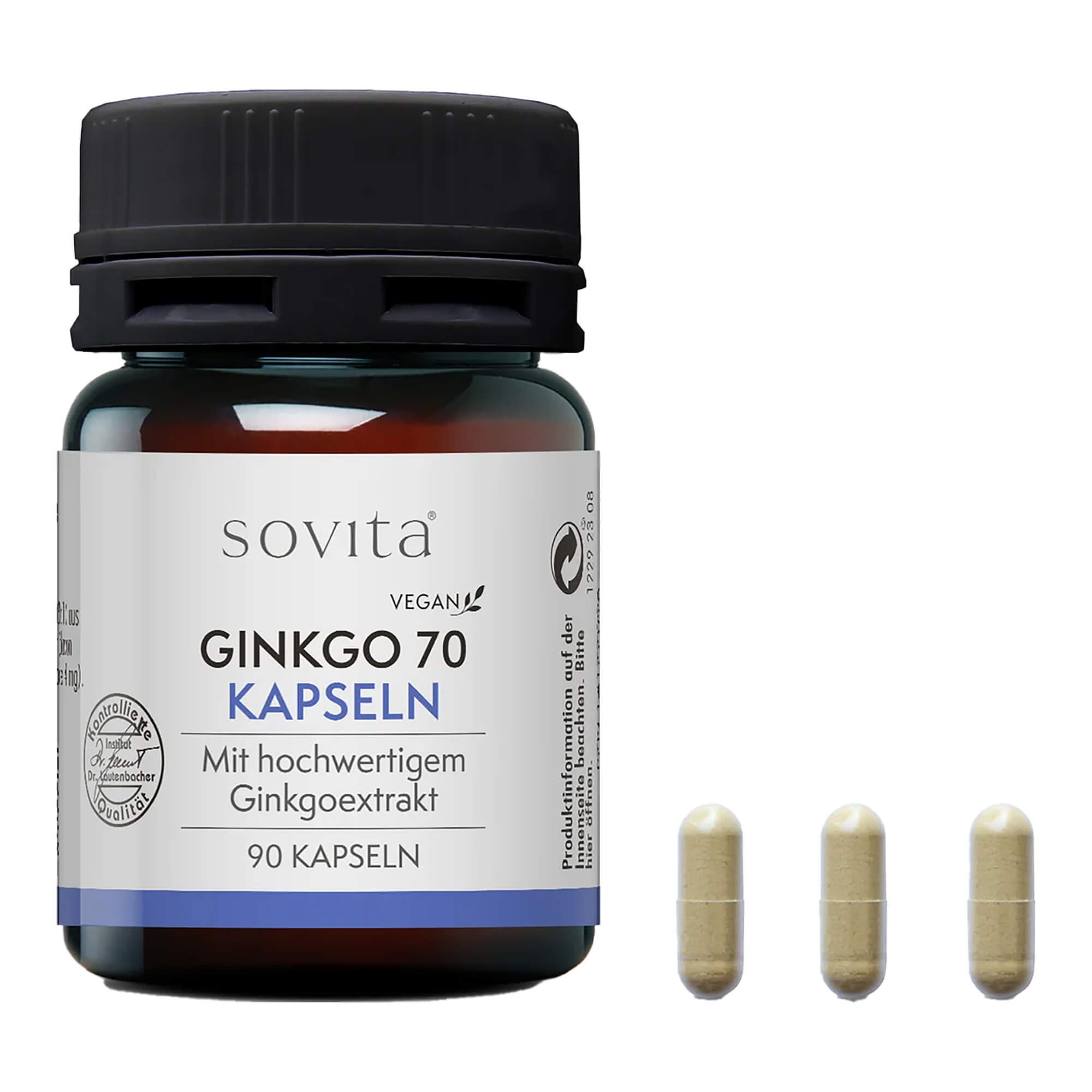 Nahrungsergänzungsmittel mit 70 mg Ginkgo biloba Trockenextrakt pro Kapsel.
