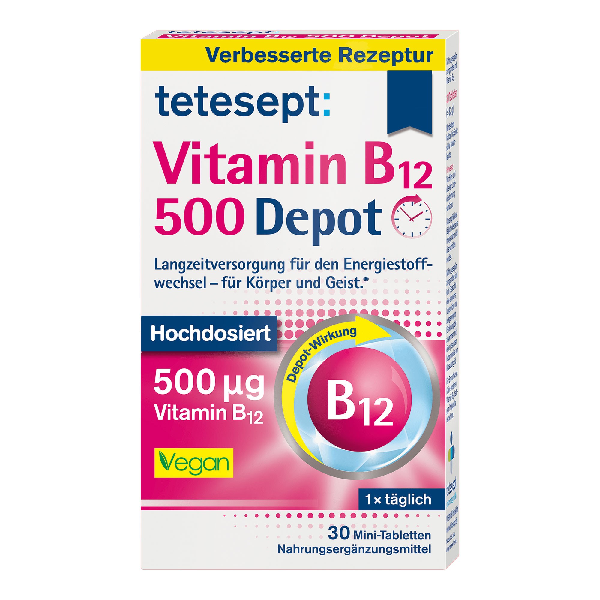 Nahrungsergänzungsmittel mit hochdosiertem Vitamin B12 in der Depot-Tablette zur Langzeitversorgung.