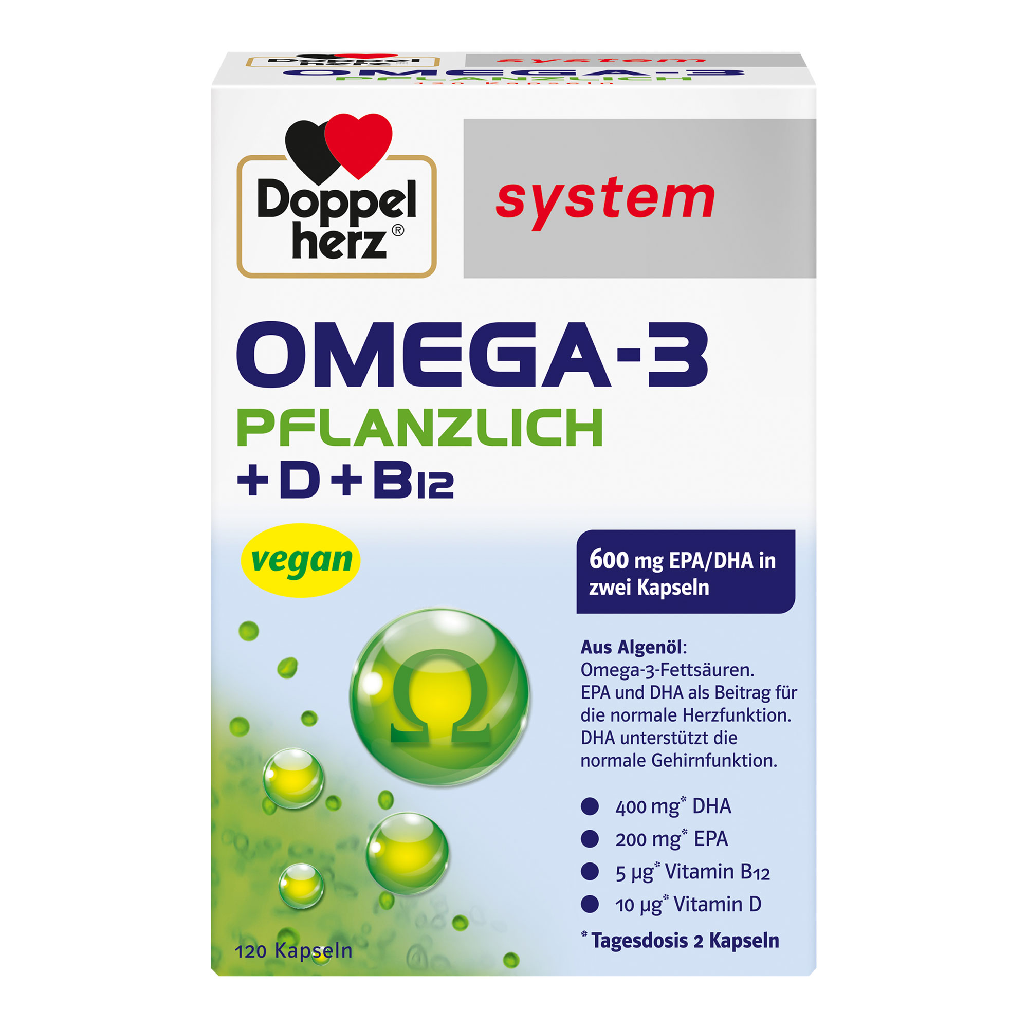 Nahrungsergänzungsmittel mit Omega-3 Fettsäuren aus Algenöl, Vitamin D.