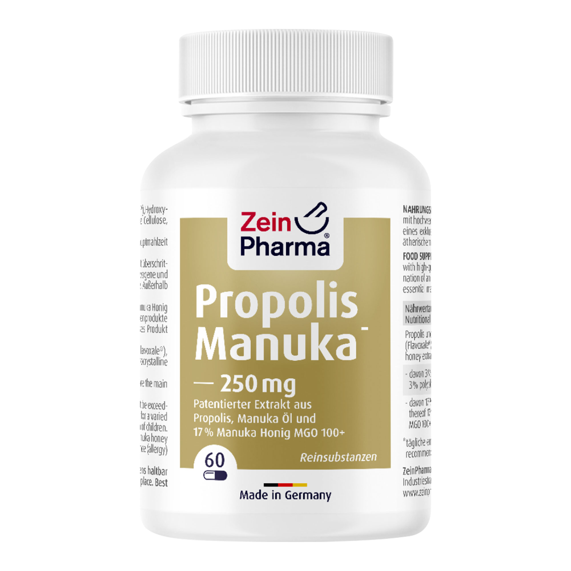 Nahrungsergänzungsmittel mit Propolis-Extraktes, Manuka-Honig und ätherischem Manuka-Öl.