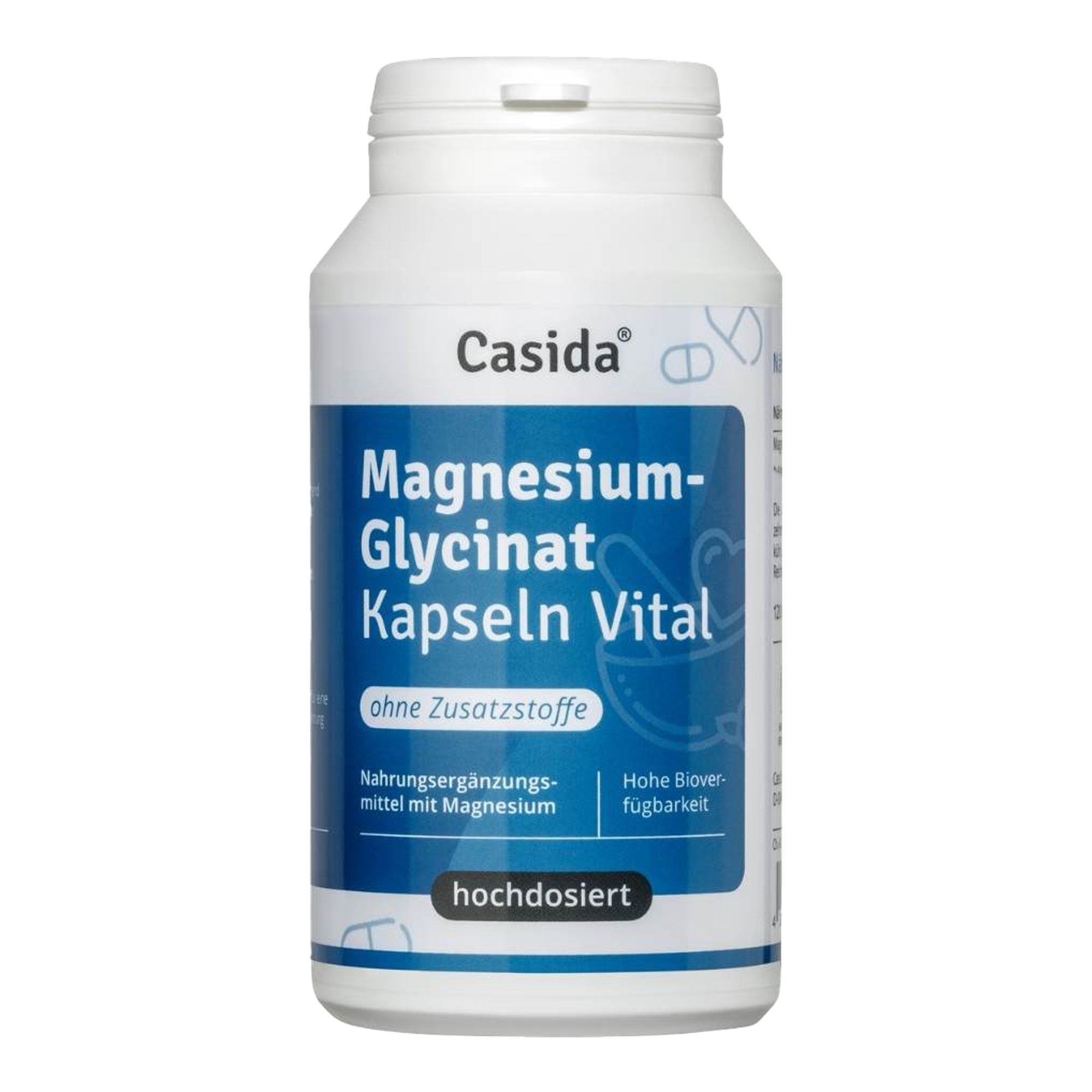 Nahrungsergänzungsmittel mit reinem Magnesiumglycinat in praktischer Kapselform.