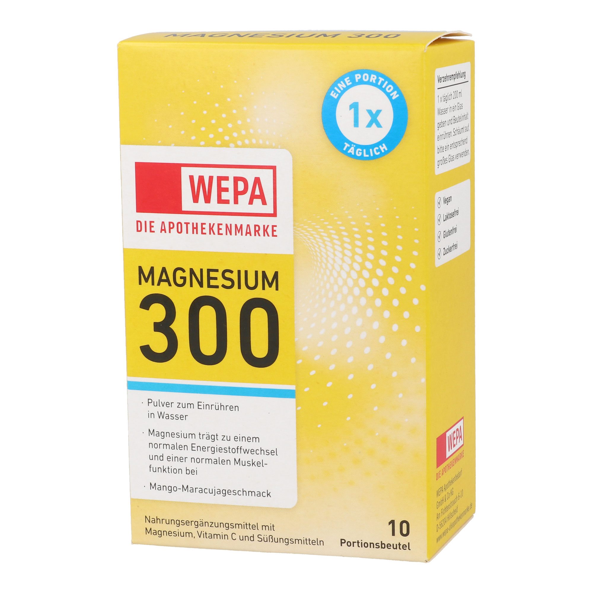 Nahrungsergänzungsmittel mit Magnesium und Vitamin C. Zuckerfreies Pulver zum Einrühren in Wasser. Mit Mango-Maracujageschmack.