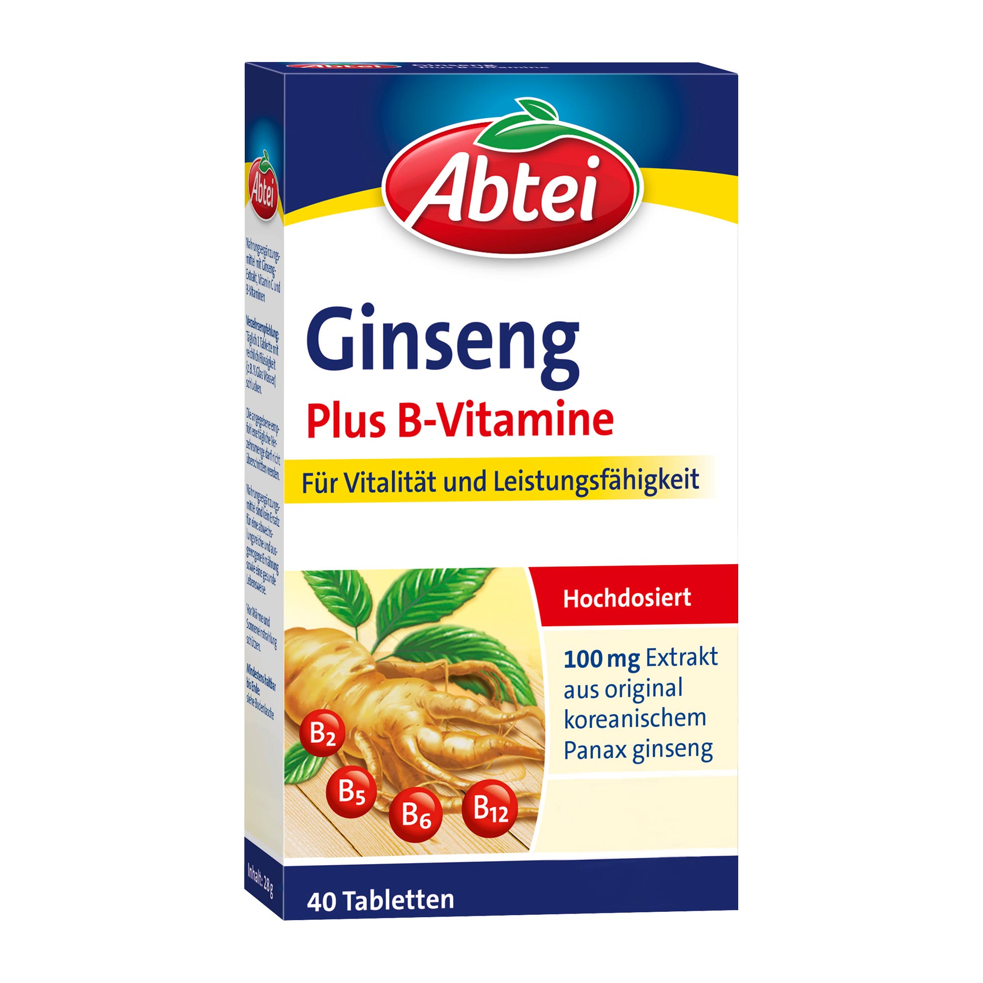 Nahrungsergänzungsmittel mit Ginseng-Extrakt, Vitamin C und B-Vitaminen.