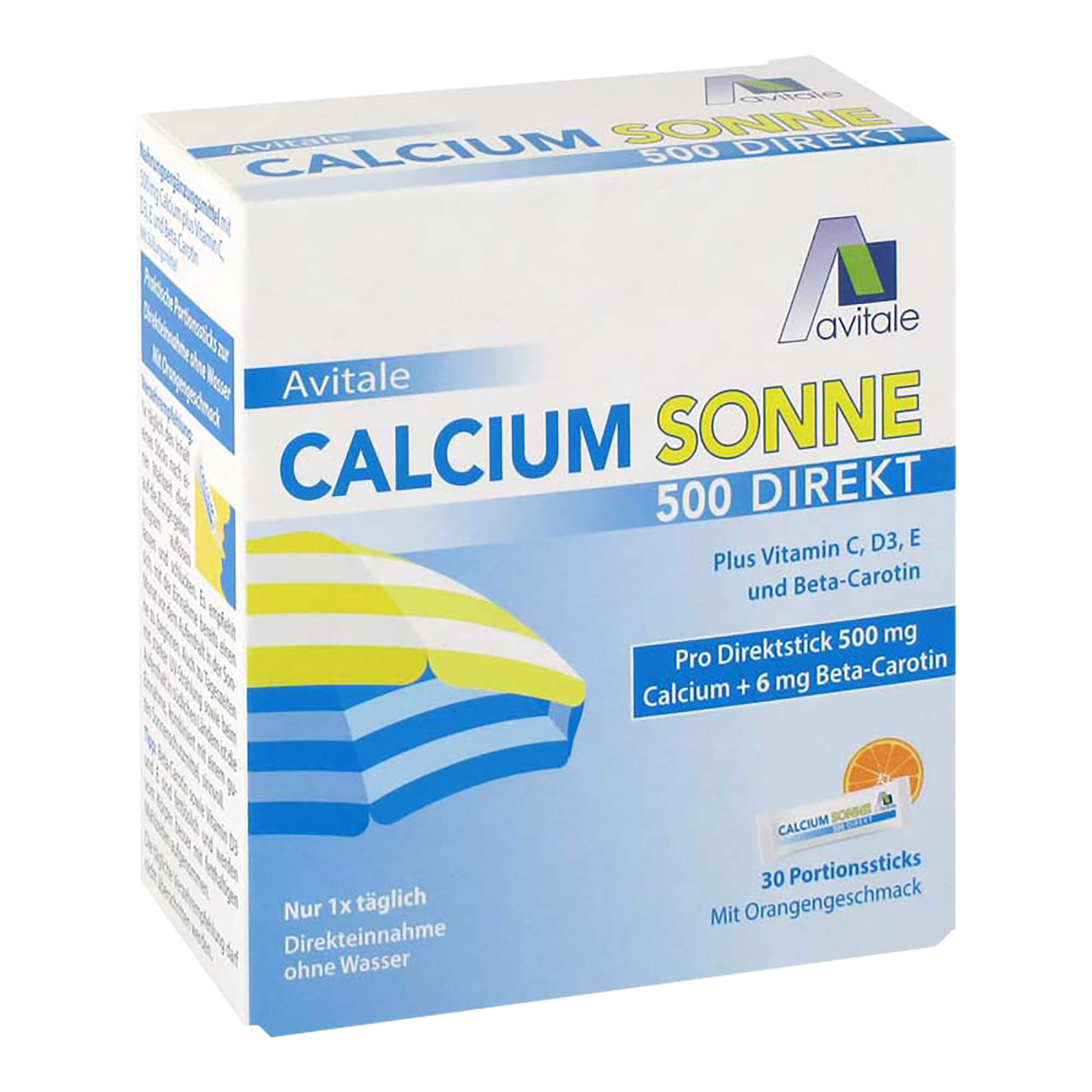 Nahrungsergänzung mit Calcium plus Vitamin C, D3, E und Beta-Carotin. Mit Orangengeschmack.