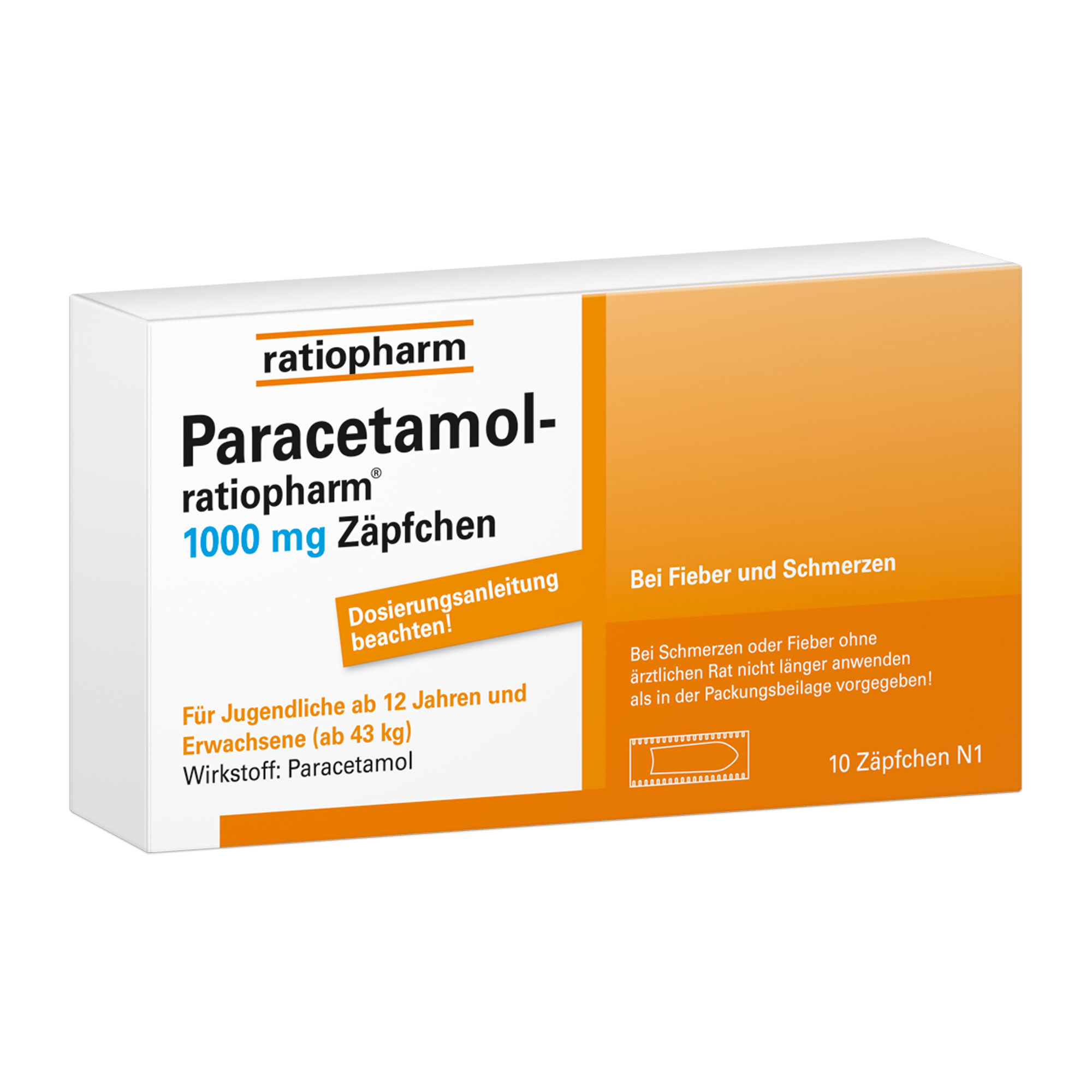 Schmerzstillende, fiebersenkende Zäpfchen mit 1.000 mg Paracetamol.