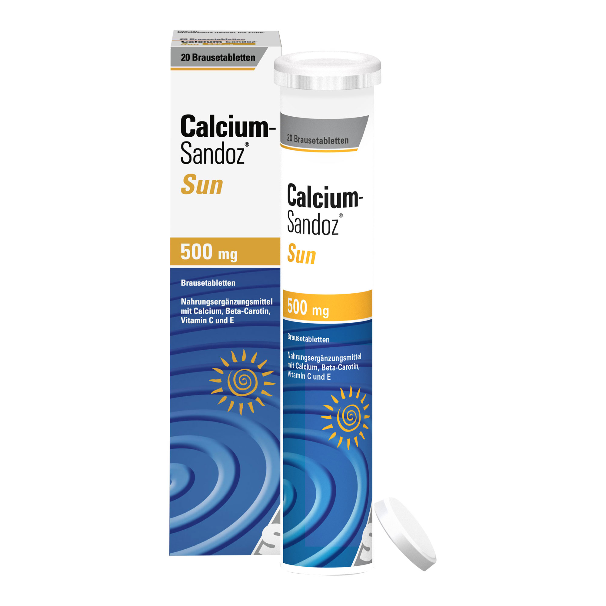 Nahrungsergänzungsmittel mit Calcium, Beta-Carotin, Vitamin C und E. Mit Orangen-Citrusgeschmack.