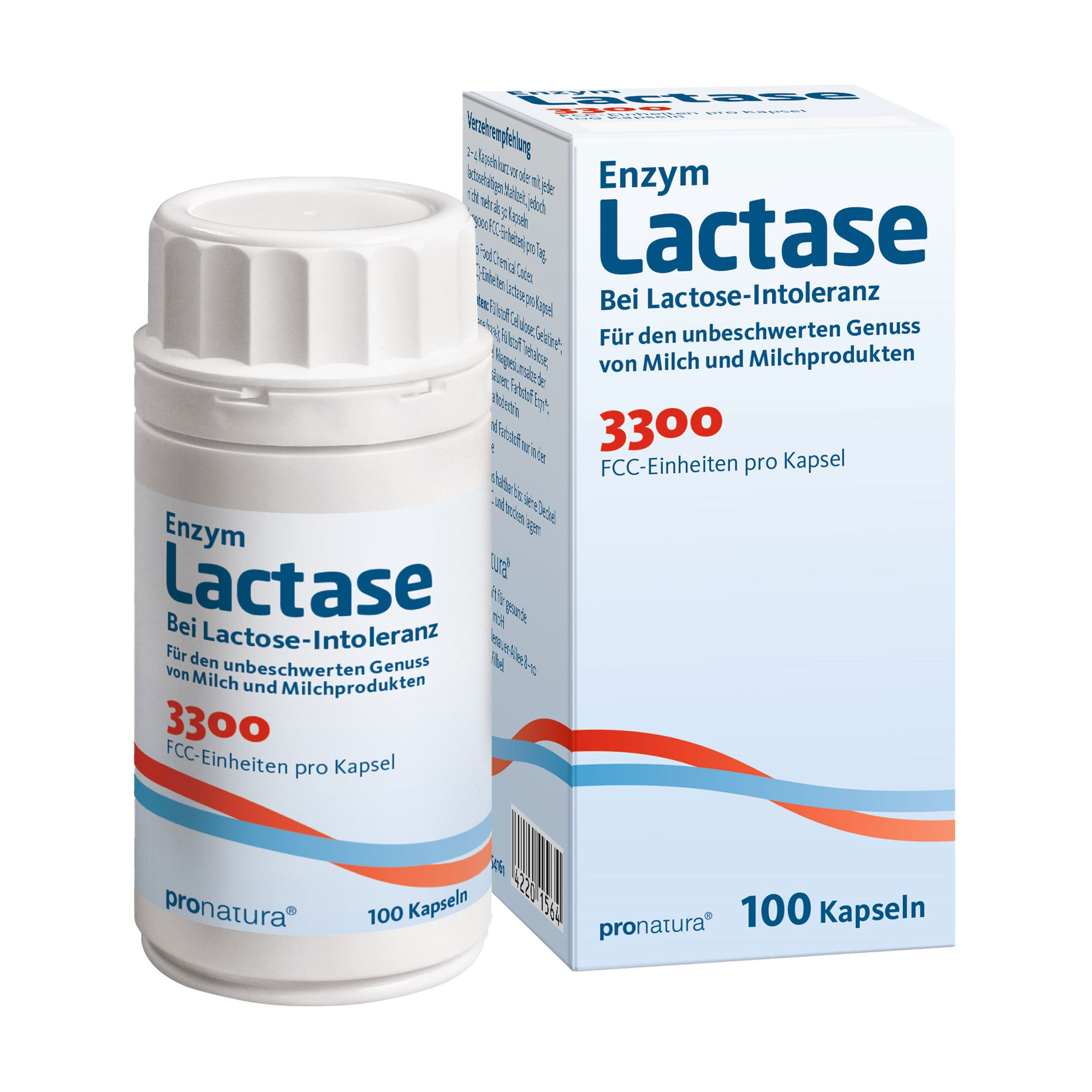 Nahrungsergänzungsmittel mit 3.300 FCC-Einheiten* des Enzyms Lactase pro Kapsel.