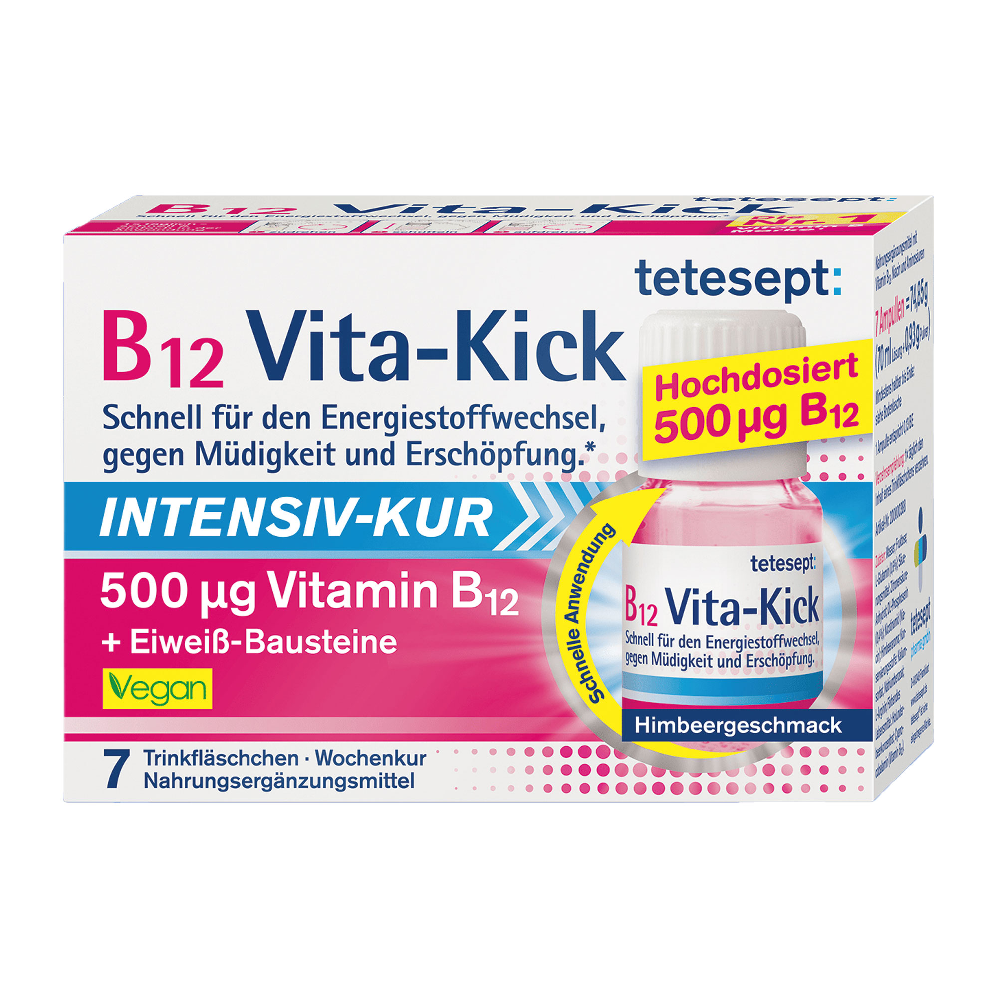 Nahrungsergänzungsmittel mit hochdosiertem Vitamin B12 (500 µg). Intensiv-Kur mit Himbeergeschmack.