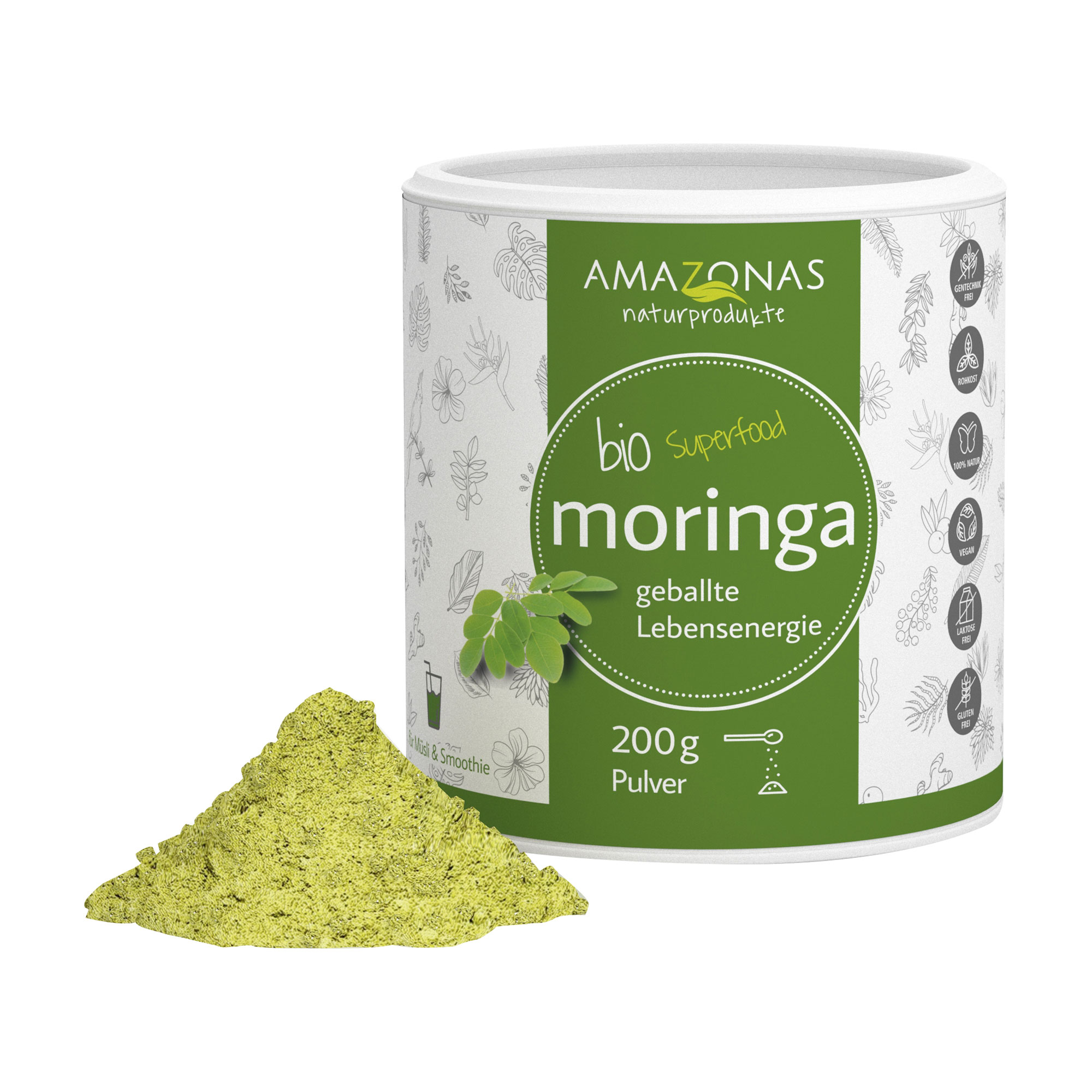 Nahrungsergänzungsmittel mit 100 % handverlesenem BIO Moringa Blattpulver.