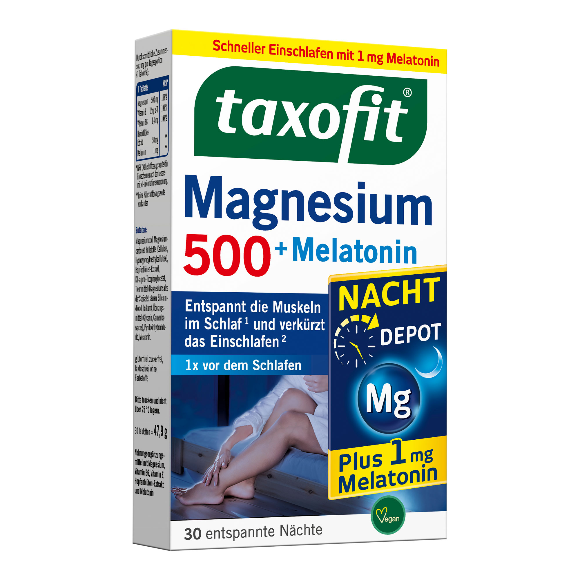 Nahrungsergänzungsmittel mit Magnesium, Vitamin B6, Vitamin E, Hopfenblüten-Extrakt und Melatonin.
