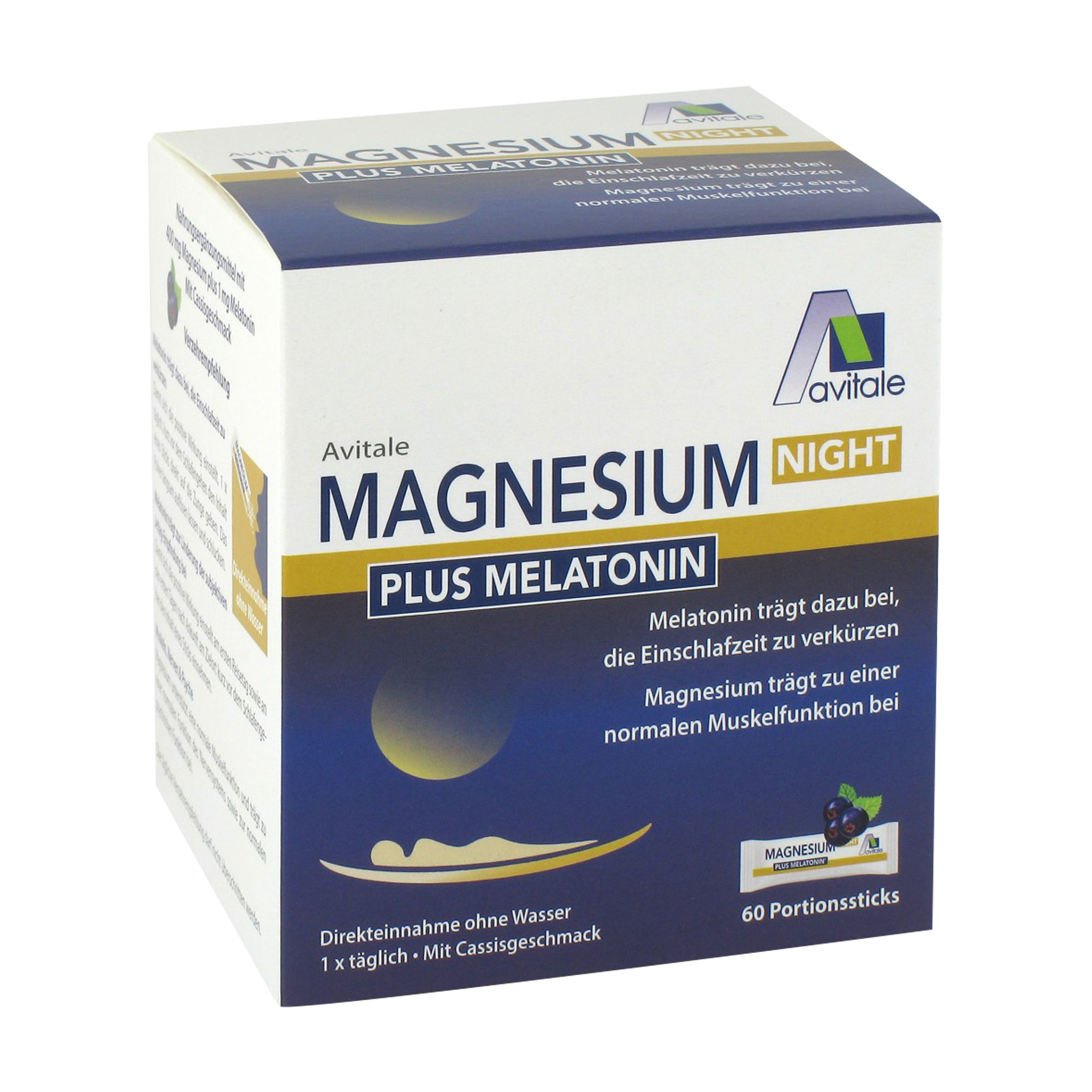 Nahrungsergänzungsmittel mit 400 mg Magnesium und Melatonin. Mit Cassis-Geschmack.