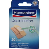 Hansaplast + Desinfections Strips. Schmutz- und wasserabweisende, desinfizierende Wundauflage.