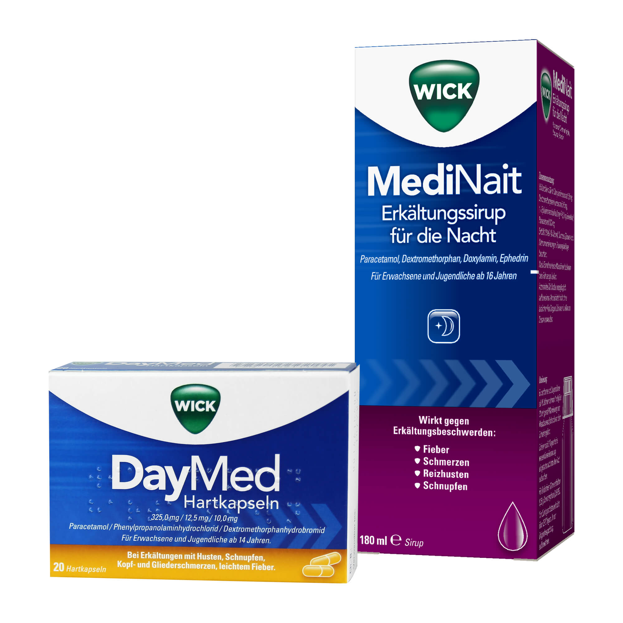 Mit Wick MediNait (180 ml) & Wick DayMed (20 St.) bei Erkältung und grippalen Infekten.
