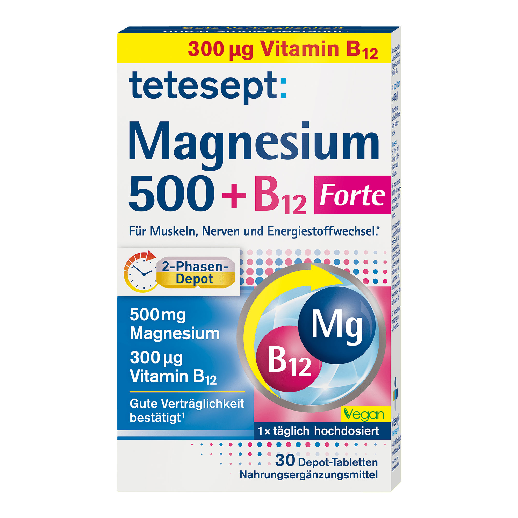 Nahrungsergänzungsmittel mit Magnesium und Vitamin B12.