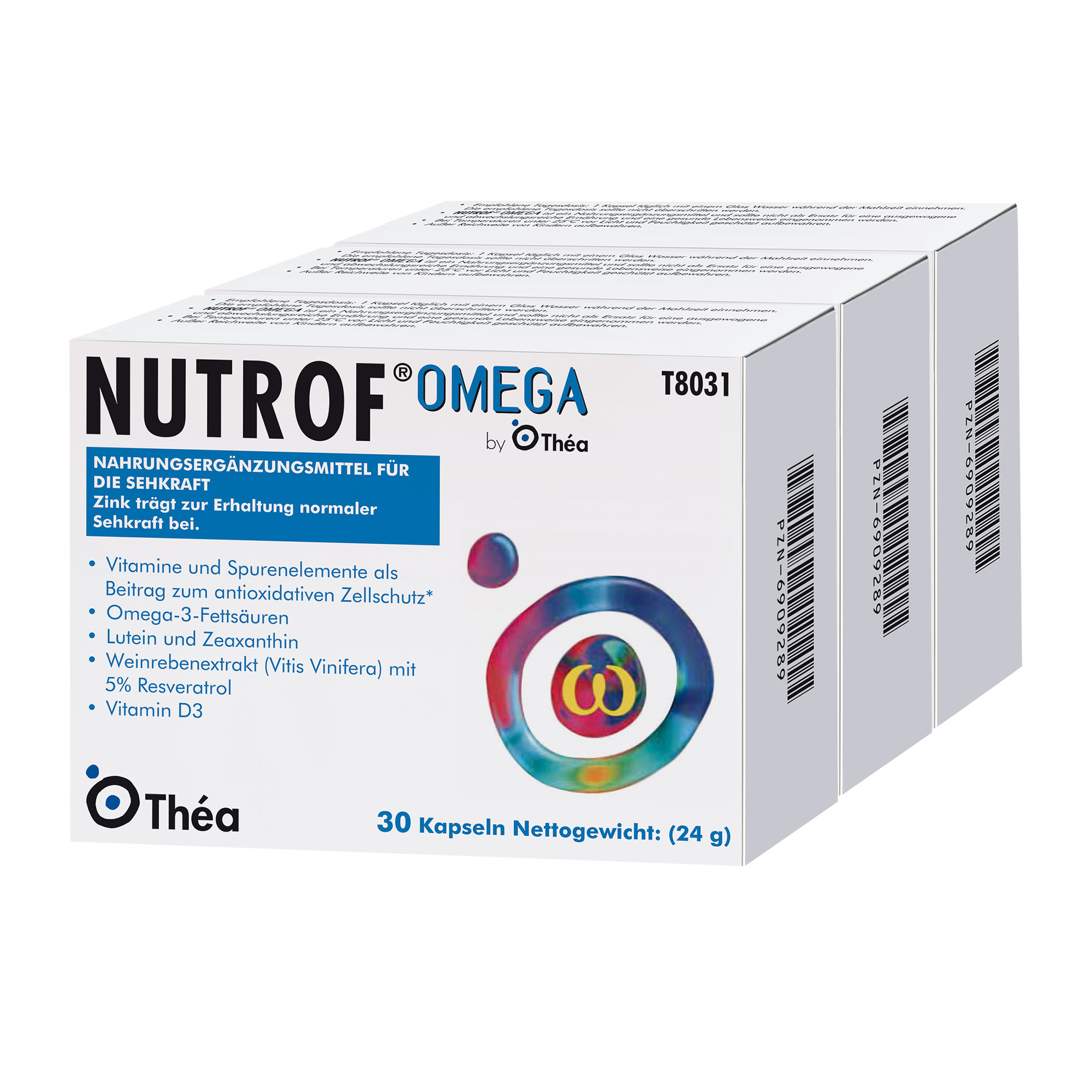 Nahrungsergänzungsmittel mit Lutein, Zeaxanthin und den Omega-3-Fettsäuren DHA und EPA.