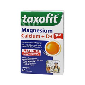 Nahrungsergänzungsmittel mit den Mineralstoffen Magnesium und Calcium und Vitamin D3.