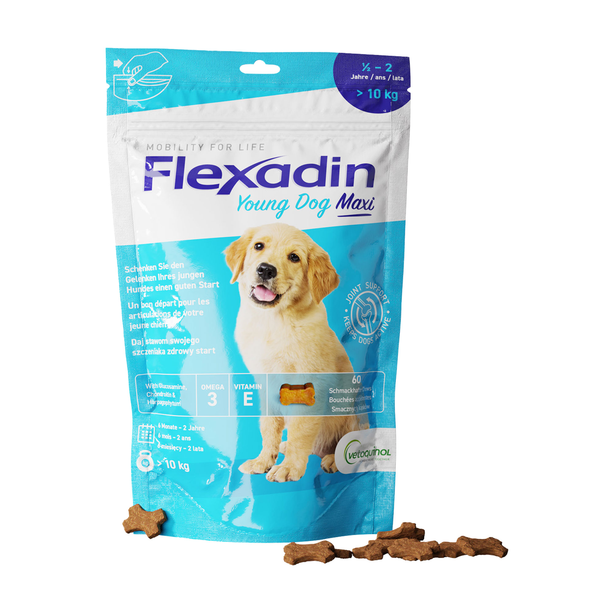 Ergänzungsfutter für junge Hunde ab 10 kg. Schmackhafte Kauleckerli (Chews) mit Glucosamin, Chondroitin und Omega-3 Fettsäuren.