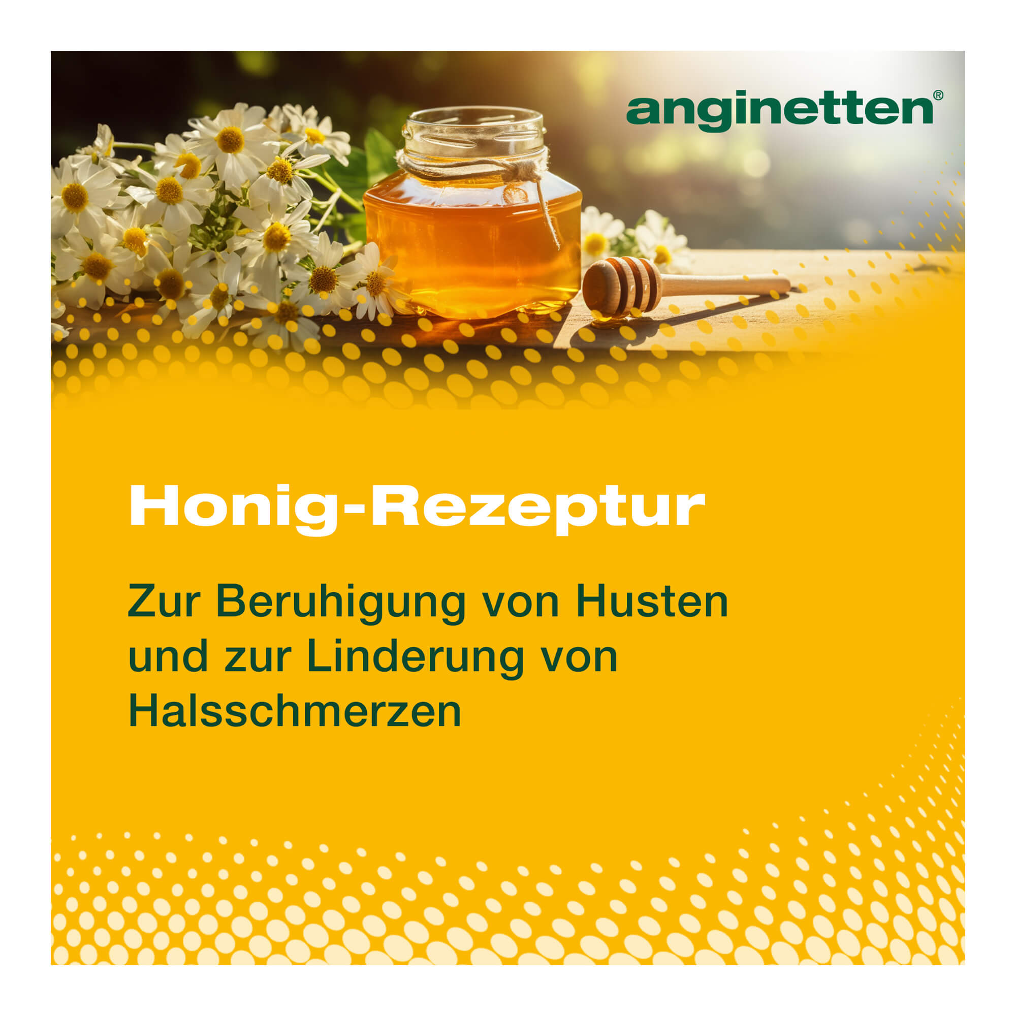Grafik Anginetten Hals Spray 2in1 für Erwachsene Honig-Rezeptur zur Beruhigung von Husten und zur Linderung von Halsschmerzen