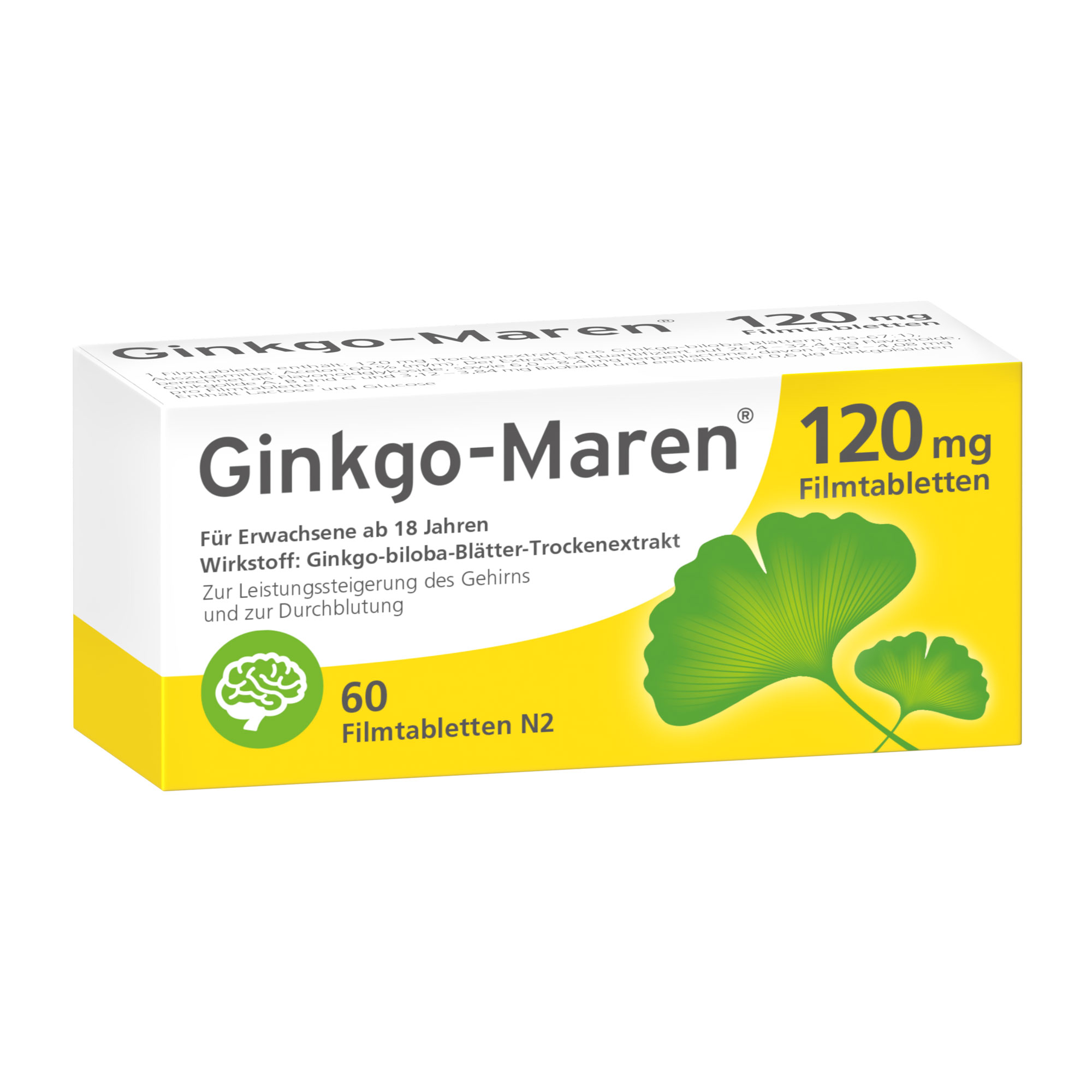 Fördert die Konzentration, stärkt die Gedächtnisleistung und unterstützt die geistige Leistungsfähigkeit. Mit 120 mg Trockenextrakt aus Ginkgo-biloba-Blättern.
