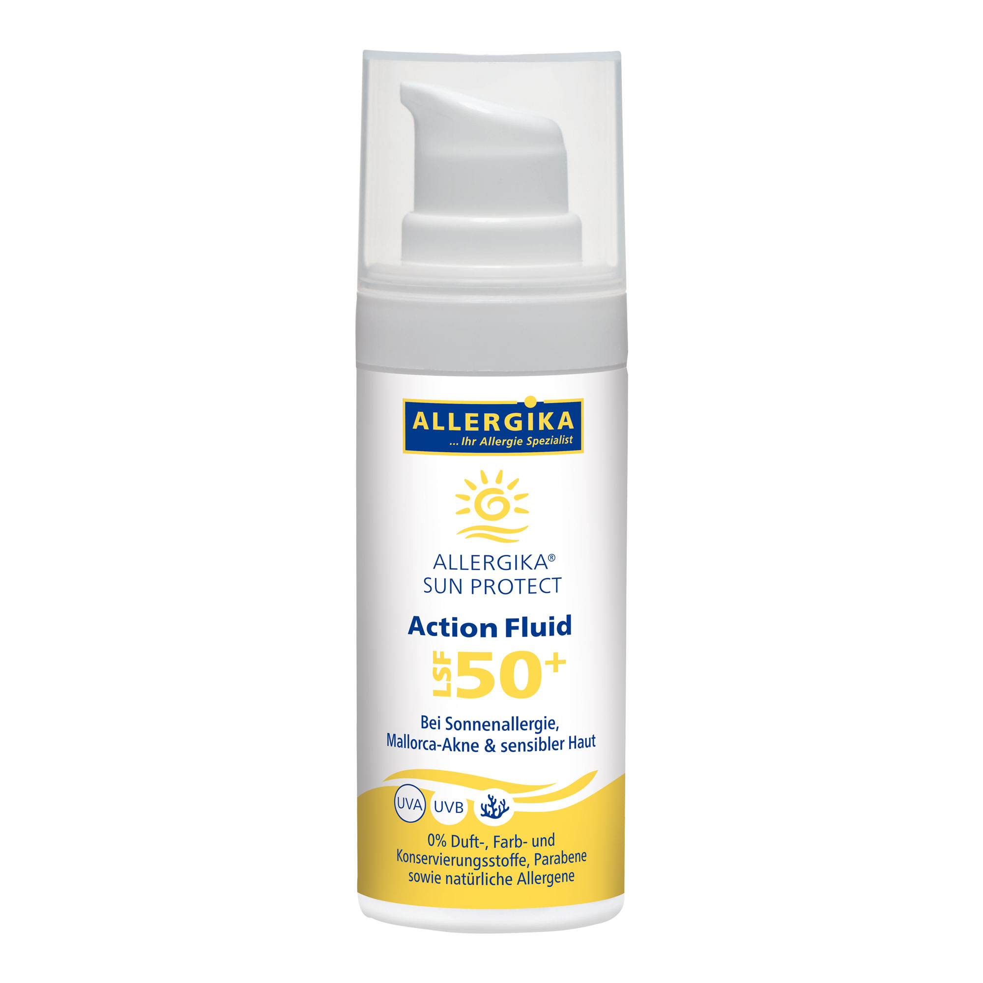 Sonnenfluid mit LSF50+. Zur Anwendung bei Sonnenallergie, Mallorca-Akne und sensibler Haut.