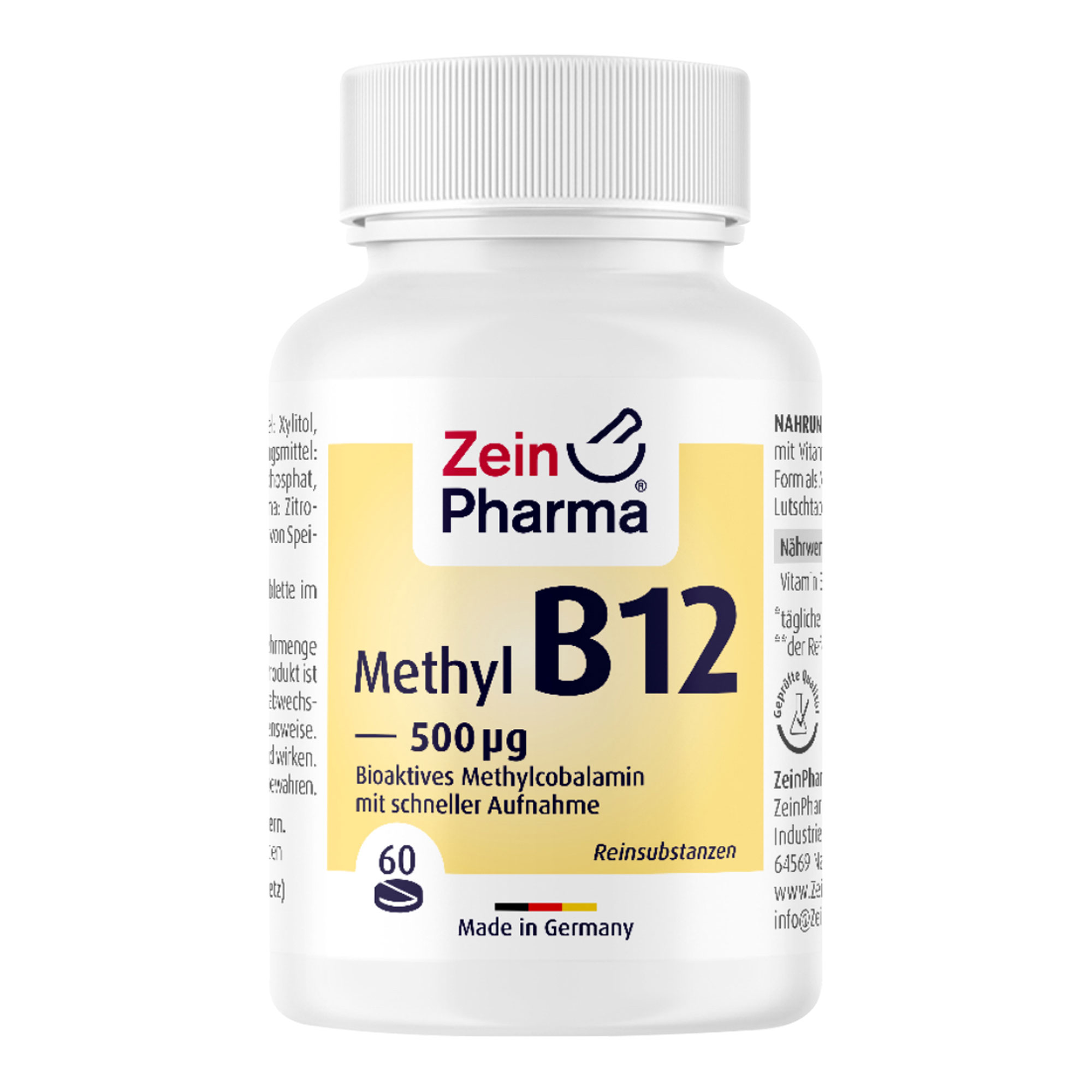 Nahrungsergänzungsmittel mit Vitamin B12 in seiner bioaktiven Form als Methylcobalamin. Schmeckt fruchtig-frisch nach Zitrone.