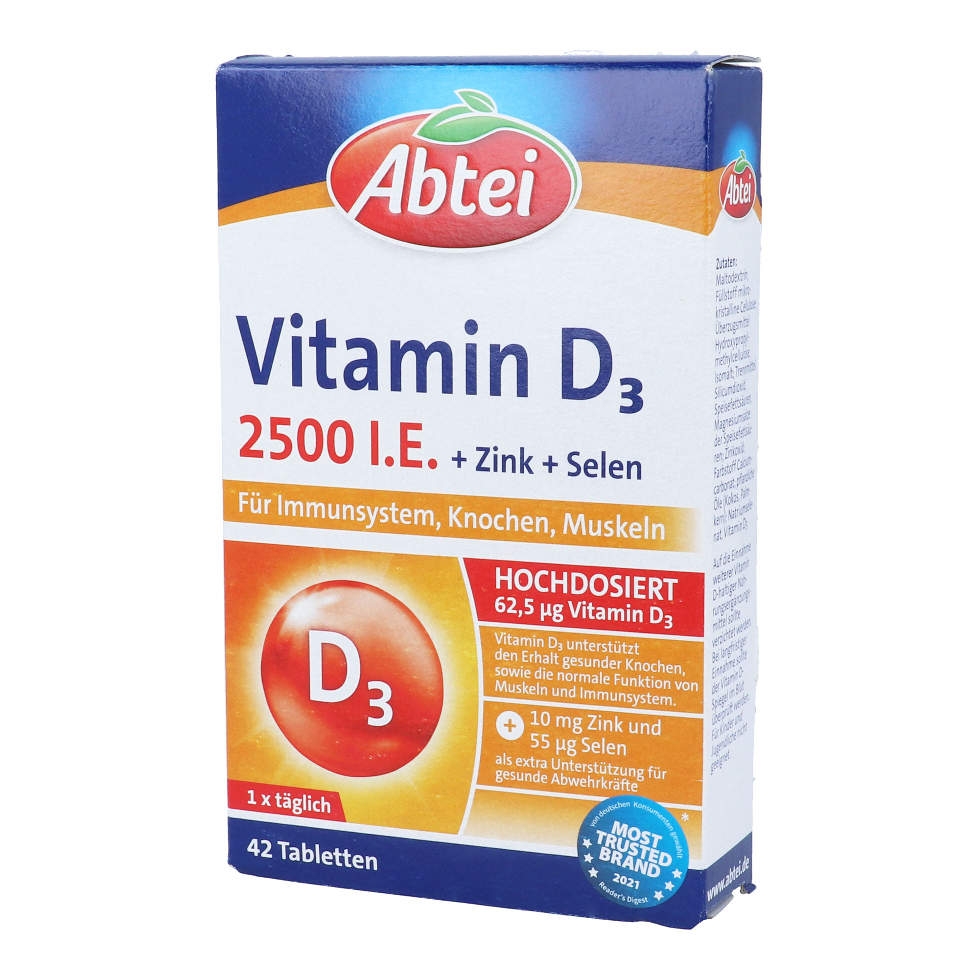 Nahrungsergänzungsmittel mit Vitamin D3, Zink und Selen.