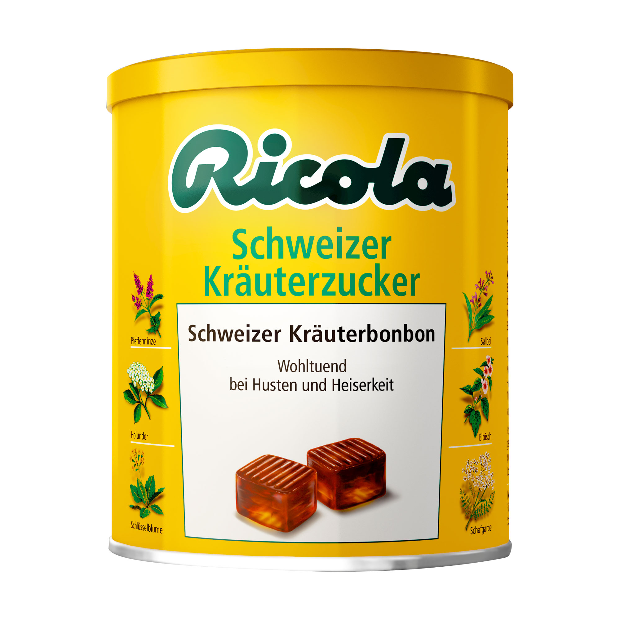 Schweizer Kräuterbonbons mit süßem Geschmack. Wohltuend bei Husten und Heiserkeit.