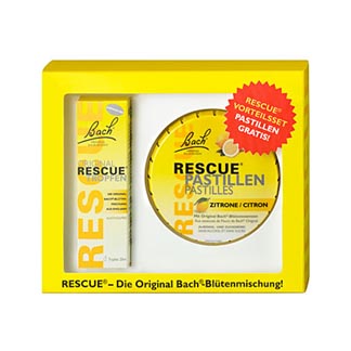 Alkoholfreie Rescue Tropfen + Rescue-Pastillen Zitrone.