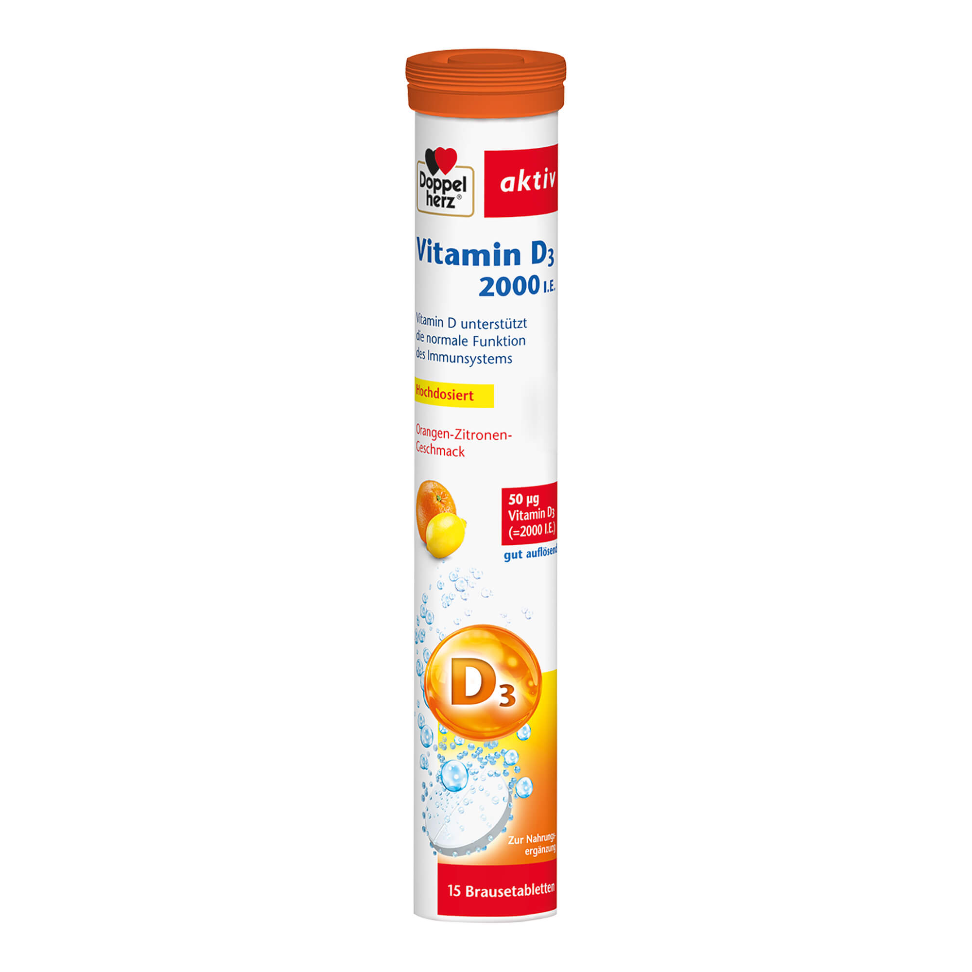 Nahrungsergänzungsmittel mit Vitamin D. Mit Orangen-Zitronen-Geschmack.