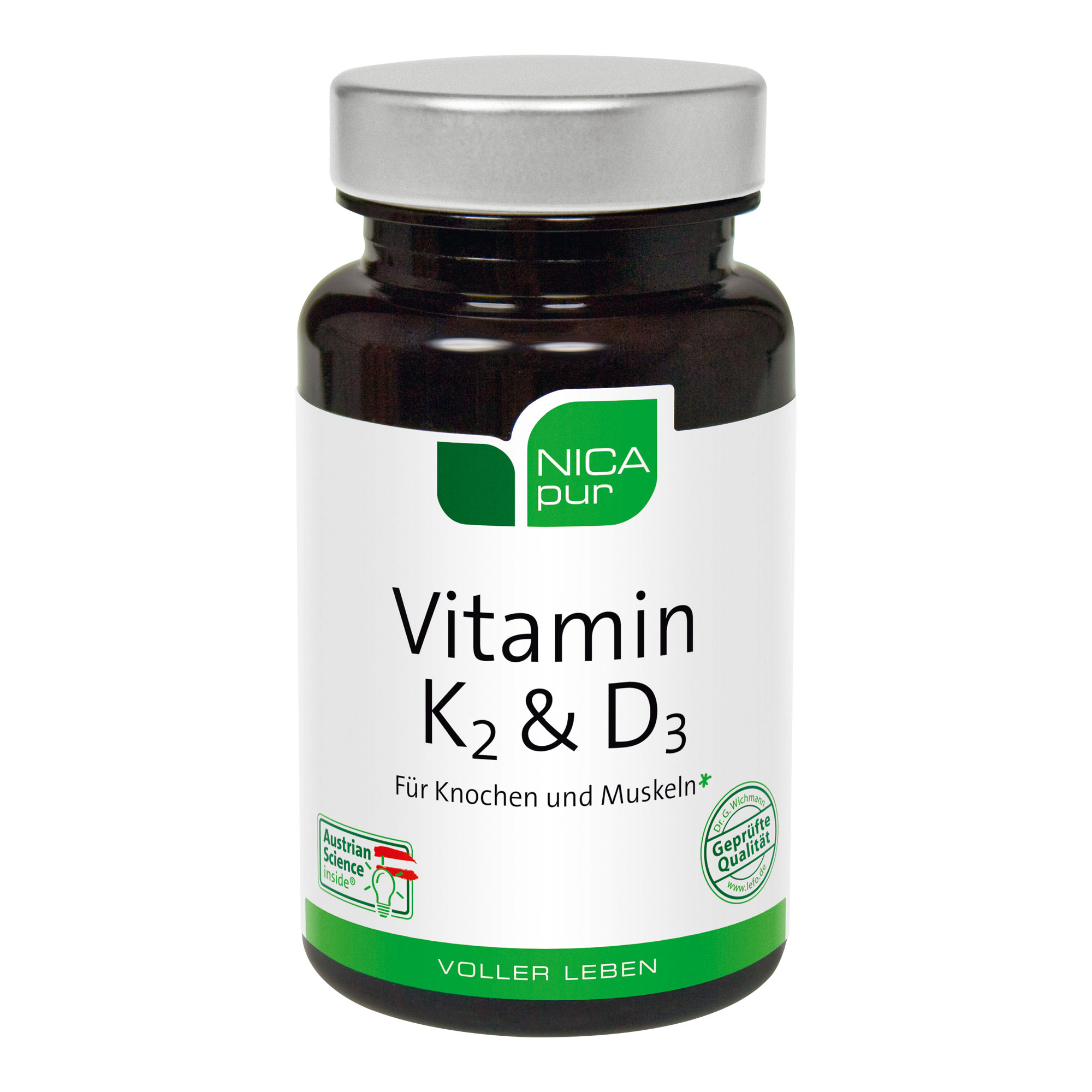 Nahrungsergänzungsmittel mit Vitamin K2 und Vitamin D3 in gut bioverfügbaren Formen sowie Magnesium.
