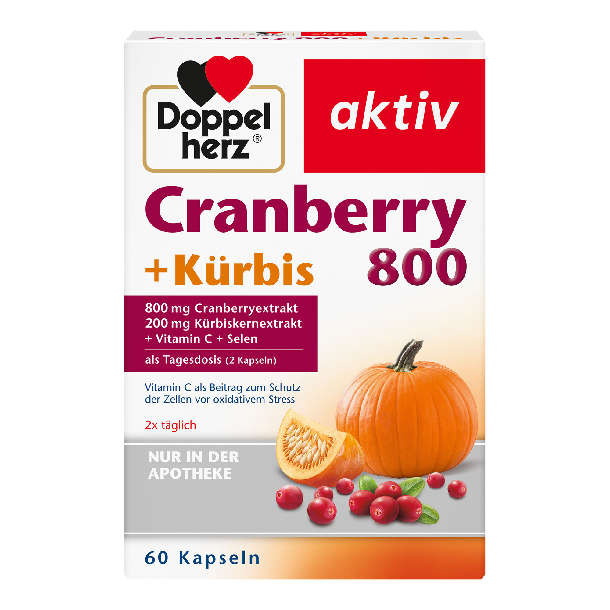Nahrungsergänzungsmittel mit Cranberryextrakt, Kürbiskernextrakt, Vitamin C und Selen.